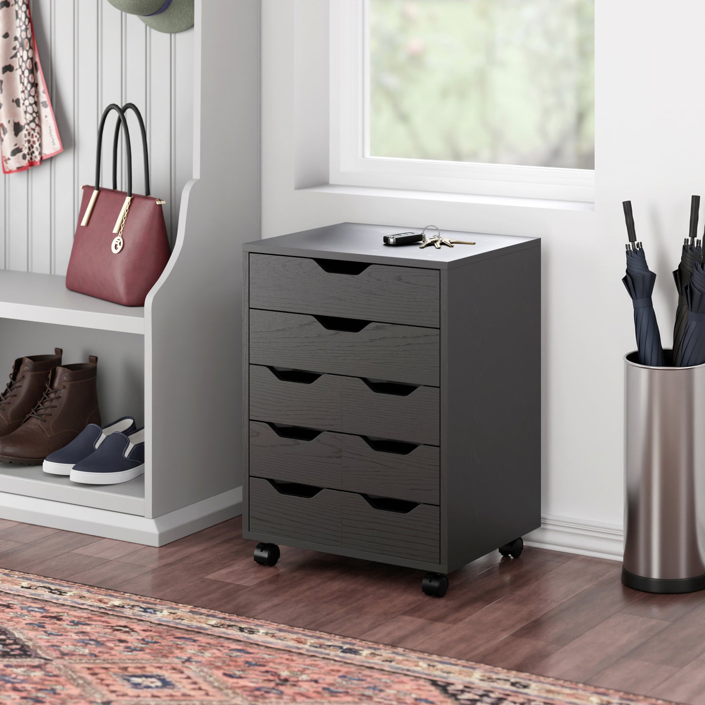 Norfolk 6 Bins, 2 Drawer Mobile Cabinet, Black Finish