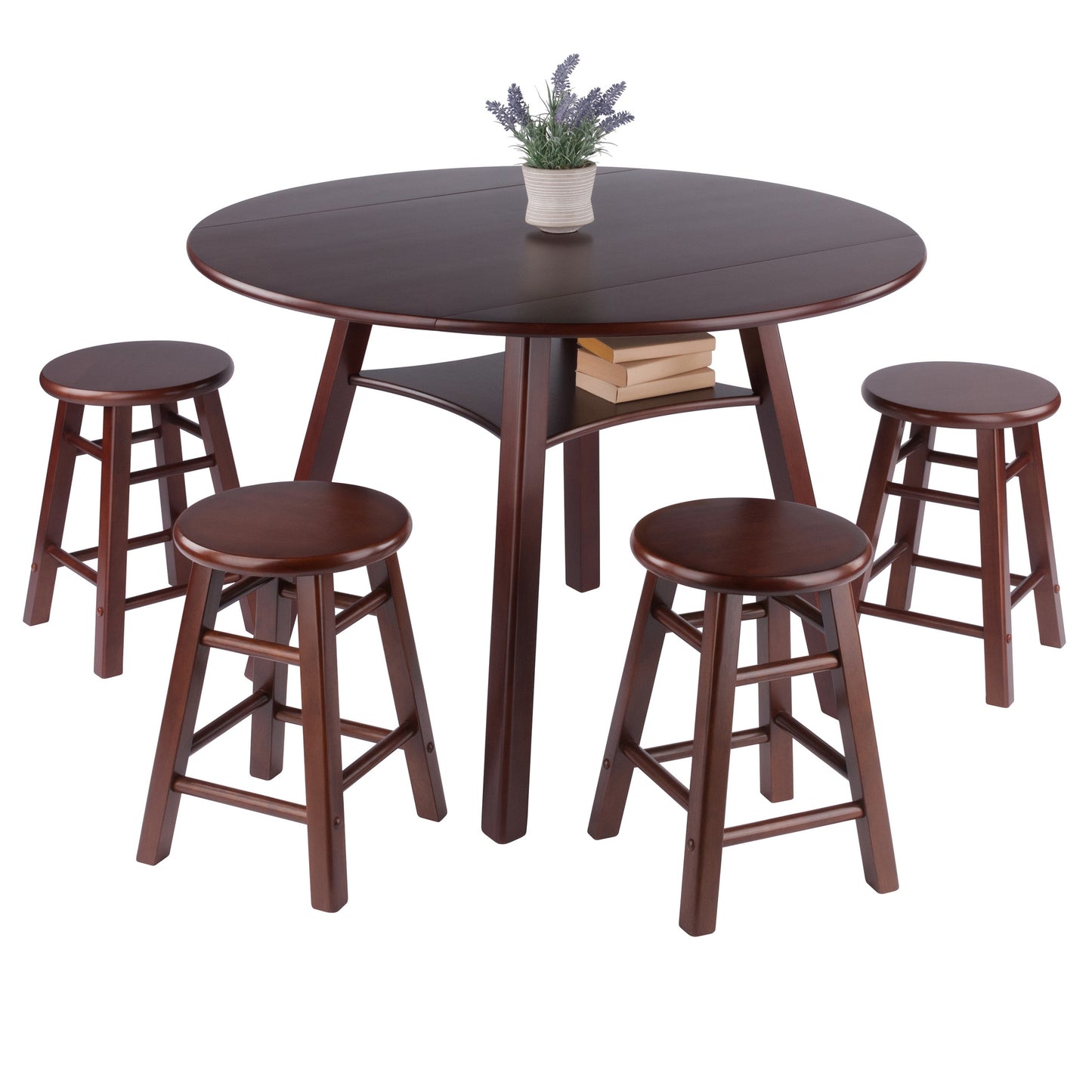 Marbelle Table 5-Pc Drop Leaf Dining Table with 4 Element 18” Dining Stools, Walnut