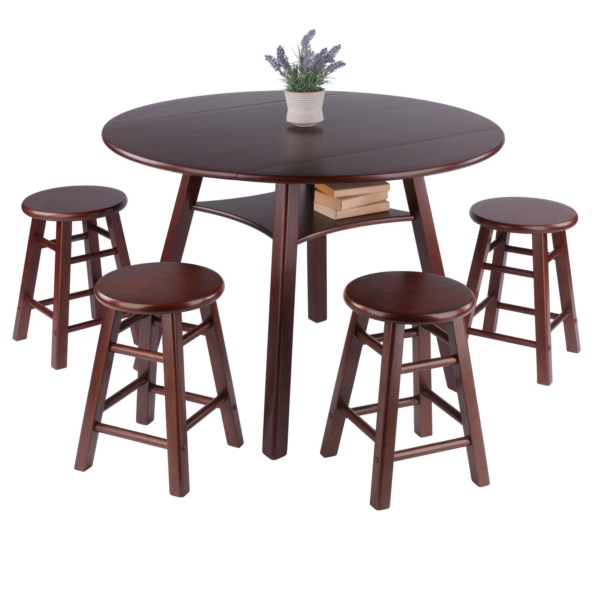 Marbelle Table 5-Pc Drop Leaf Dining Table with 4 Element 18” Dining Stools, Walnut