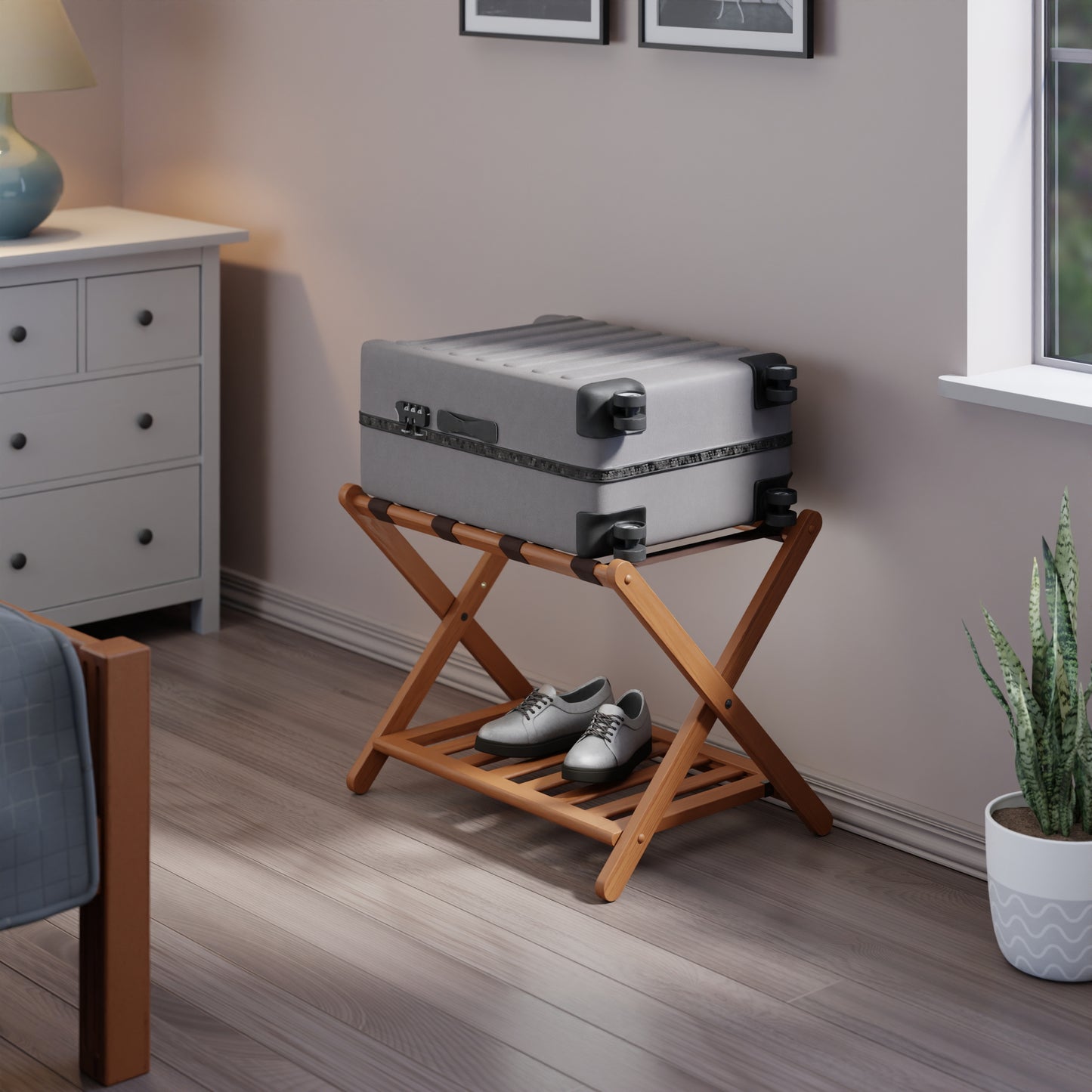 Reese Luggage Rack with Shelf, Teak