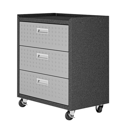 Manhattan Comfort Fortress Textured Metal 31.5" Garage Mobile Chest with 3 Full Extension Drawers in Grey 4GMCC