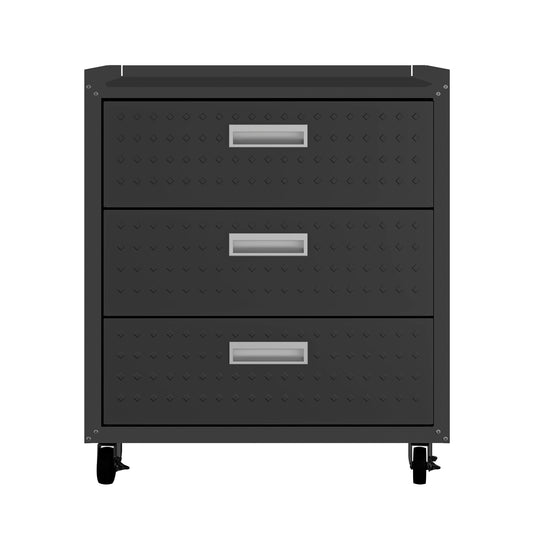 Manhattan Comfort Fortress Textured Metal 31.5" Garage Mobile Chest with 3 Full Extension Drawers in Charcoal Grey 4GMCC-CH