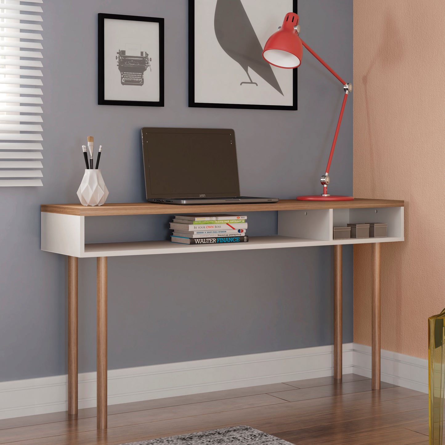 Manhattan Comfort Windsor 47.24 Modern Console Accent Table Entryway with 2 Shelves in Off White and Nature 4LC1