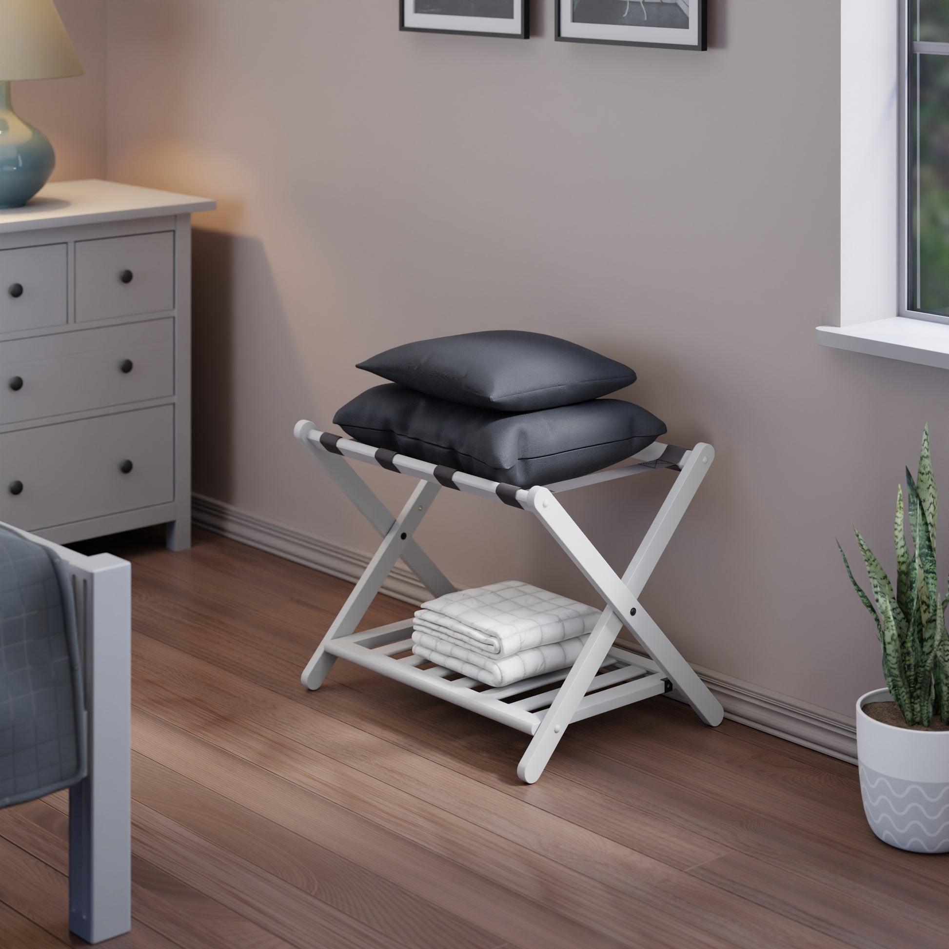 Reese Luggage Rack with Shelf, White