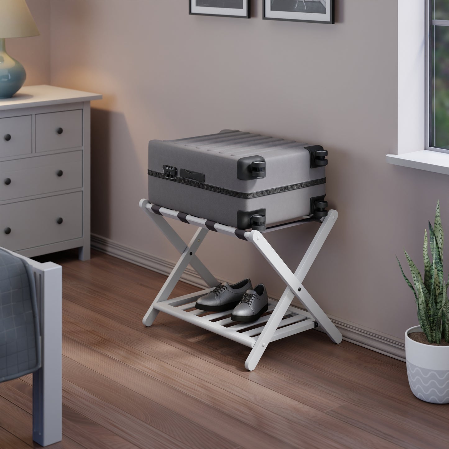 Reese Luggage Rack with Shelf, White