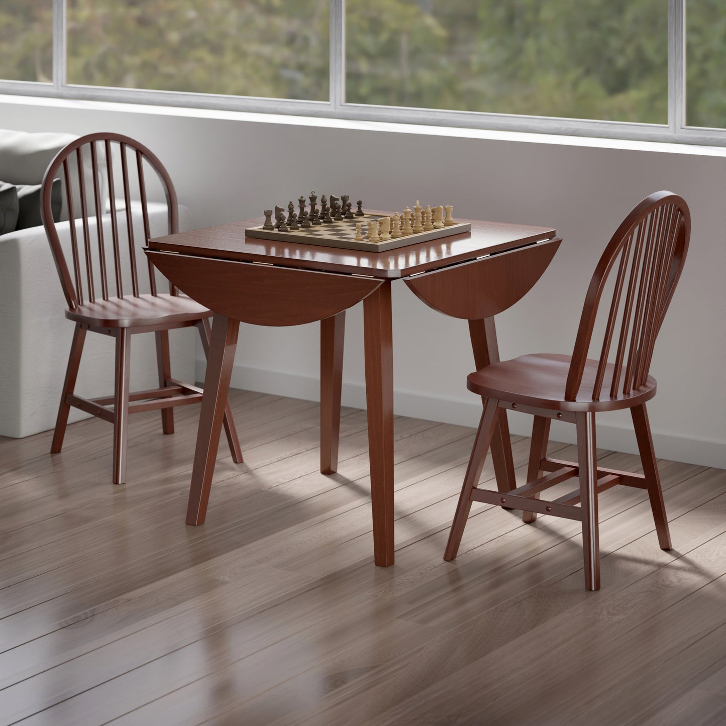 Dawson Extendable Round Dining Table with 2 Windsor Chairs, 43" Wide, Walnut