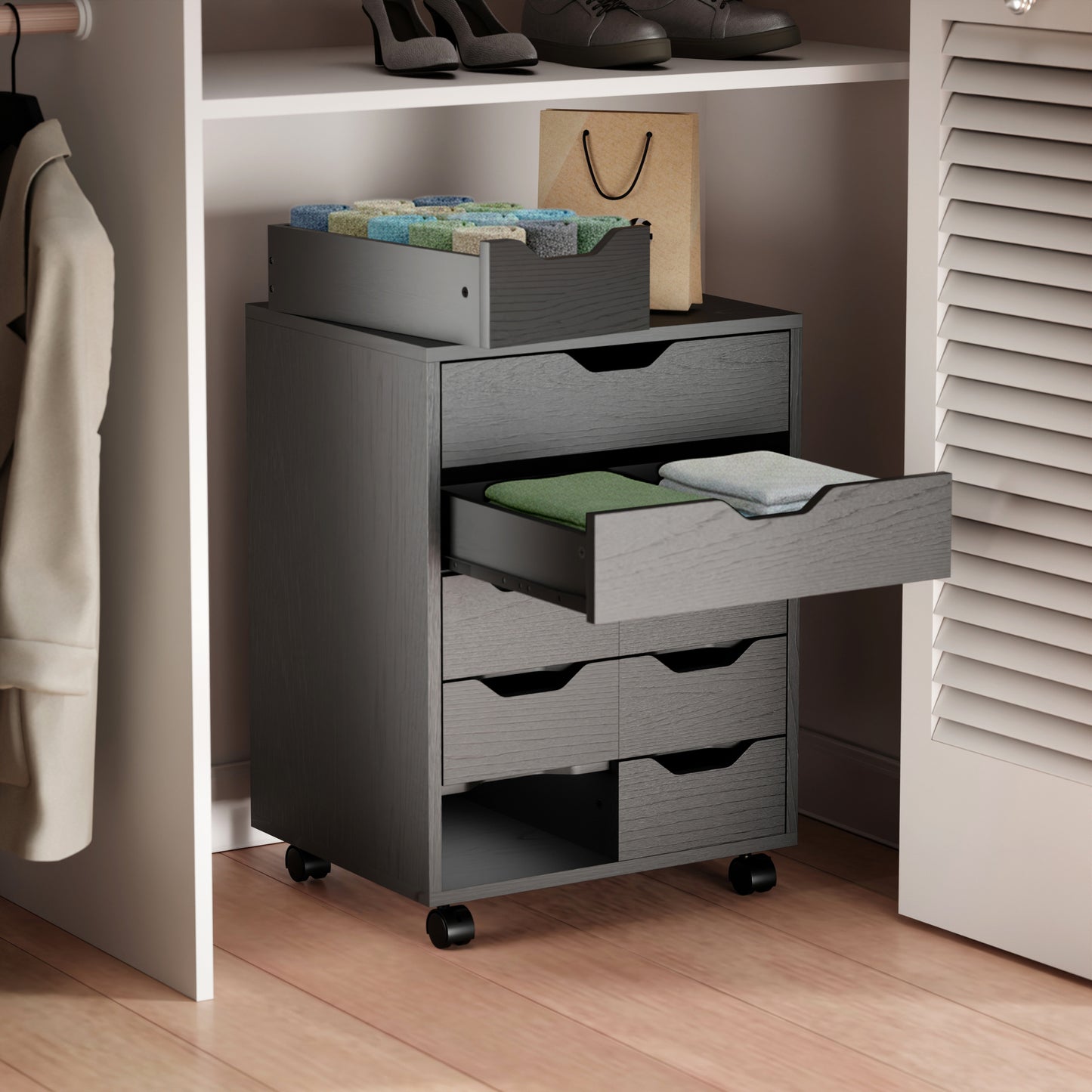 Norfolk 6 Bins, 2 Drawer Mobile Cabinet, Black Finish
