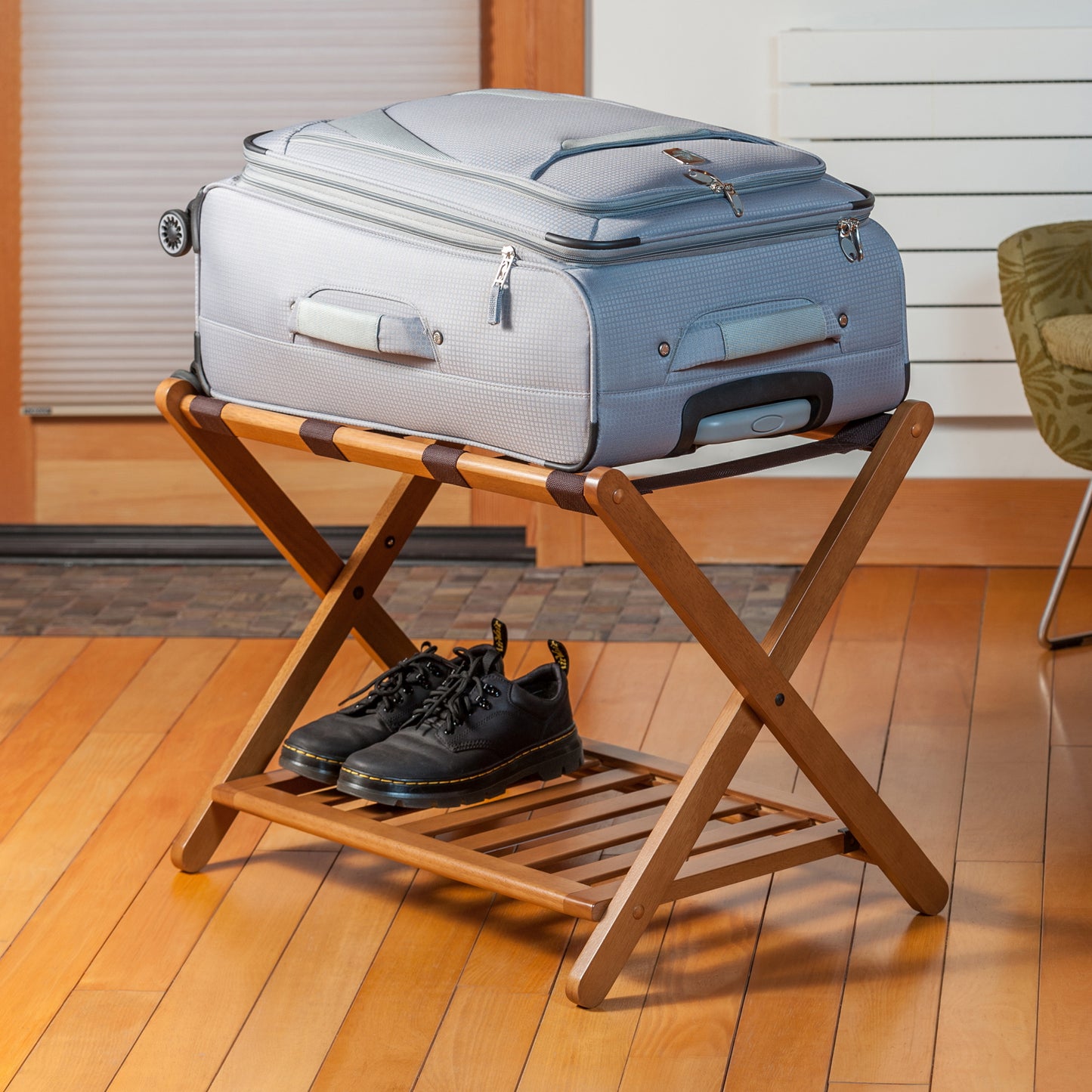 Reese Luggage Rack with Shelf, Teak