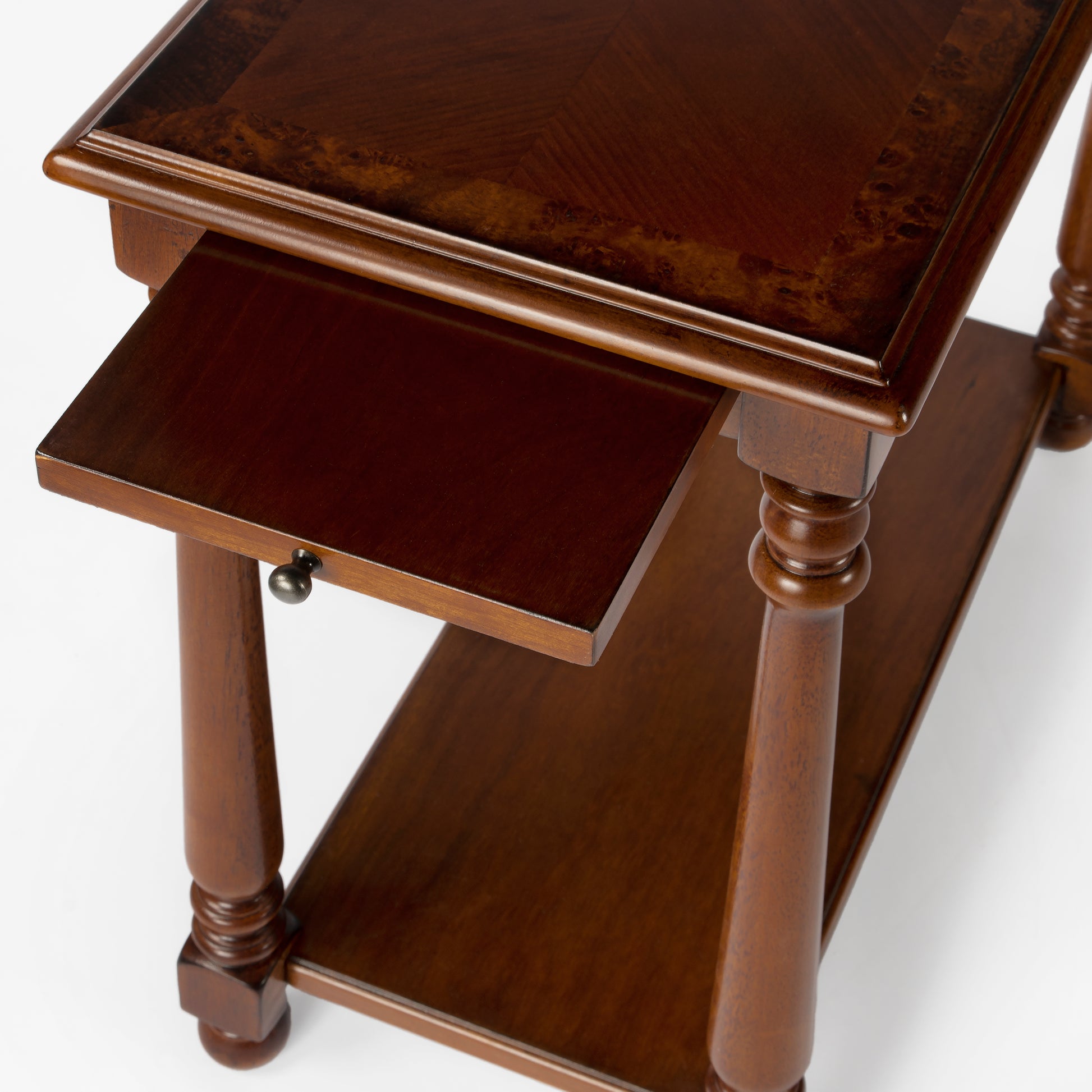 Butler Specialty Company Devane 12 in. W Rectangular Wood Side Table with Pull-Out Tray and Lower Open Shelf, Medium Brown
