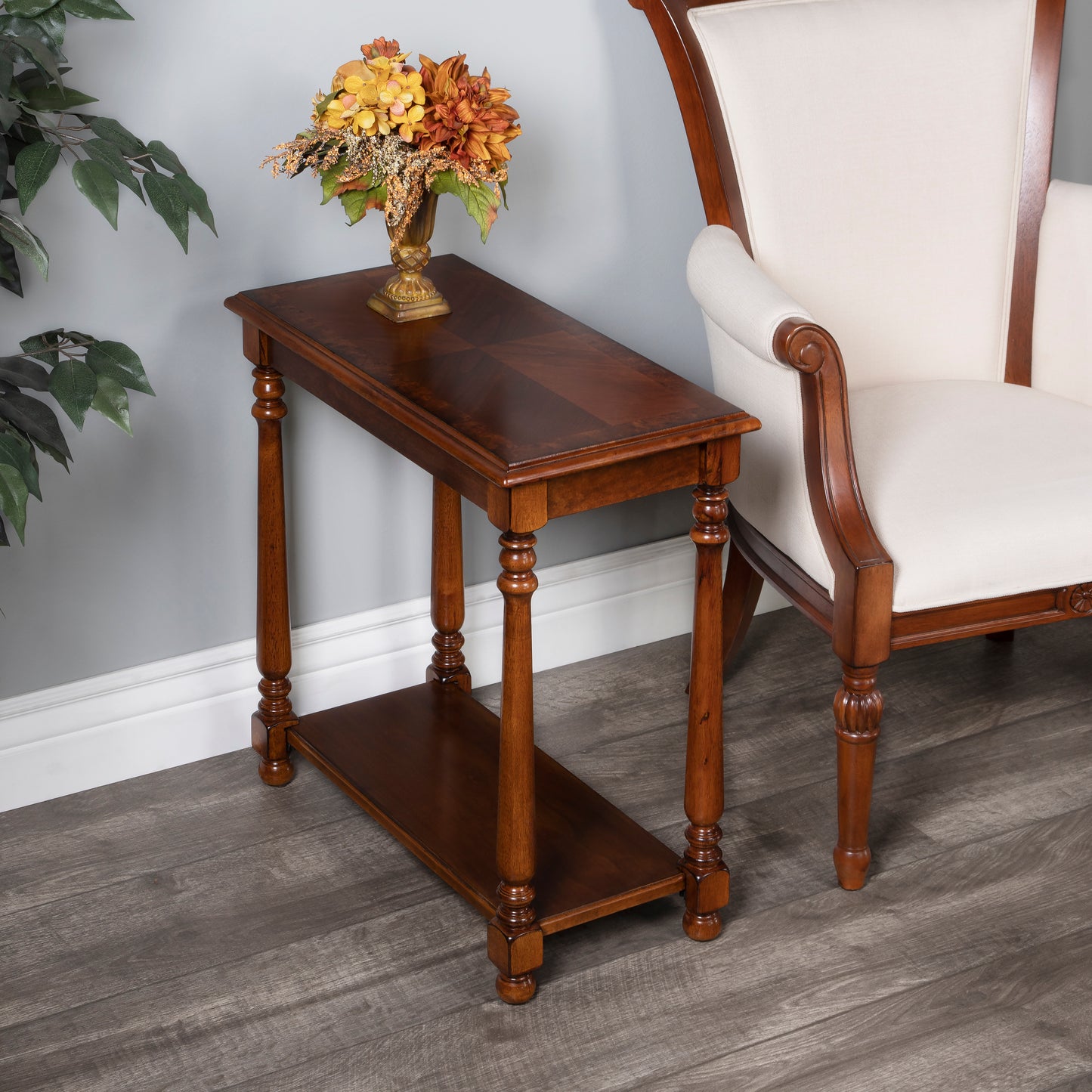 Butler Specialty Company Devane 12 in. W Rectangular Wood Side Table with Pull-Out Tray and Lower Open Shelf, Medium Brown