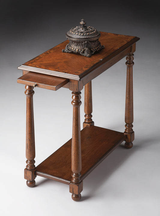 Butler Specialty Company Devane 12 in. W Rectangular Wood Side Table with Pull-Out Tray and Lower Open Shelf, Medium Brown