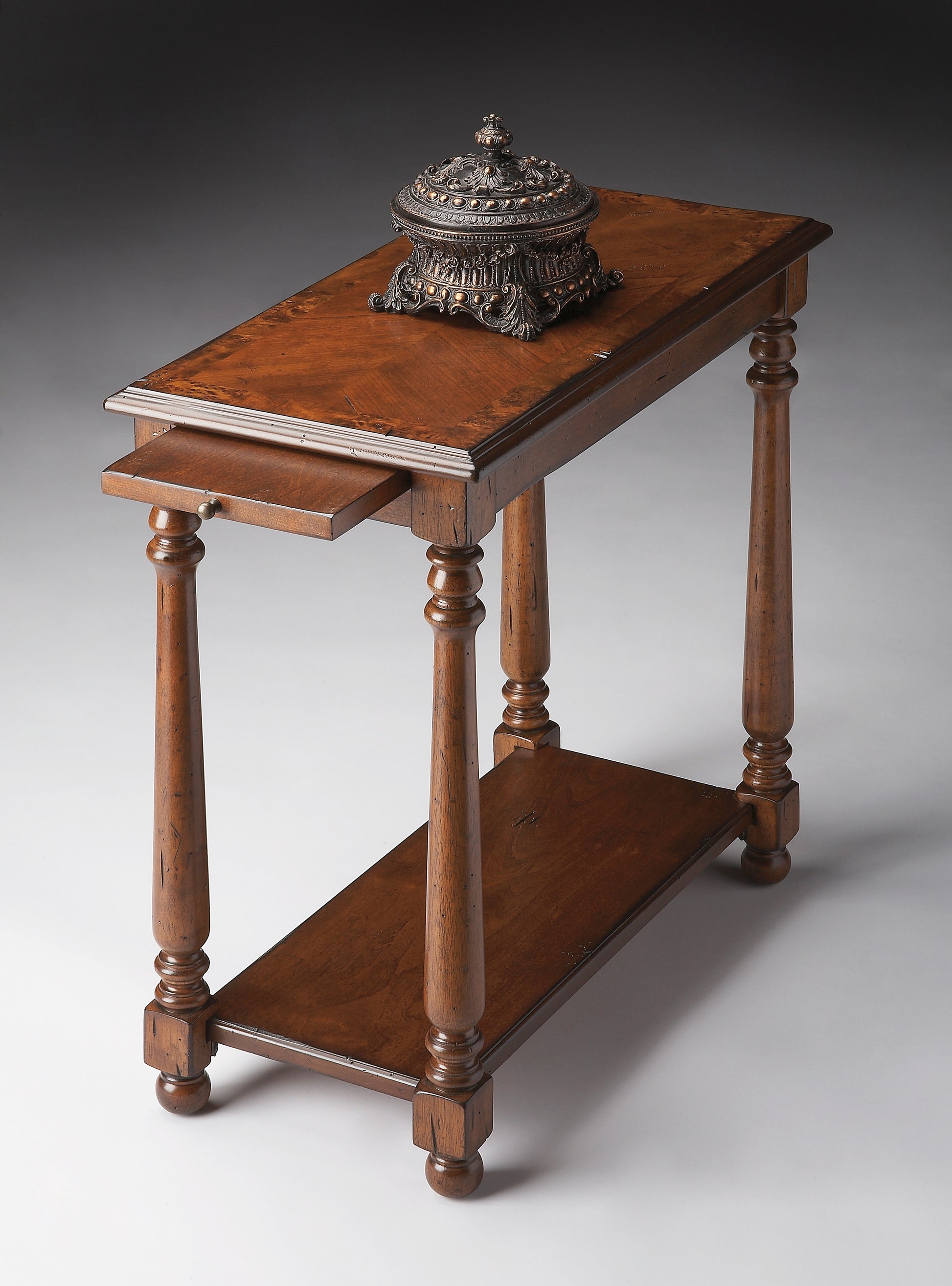 Butler Specialty Company Devane 12 in. W Rectangular Wood Side Table with Pull-Out Tray and Lower Open Shelf, Medium Brown
