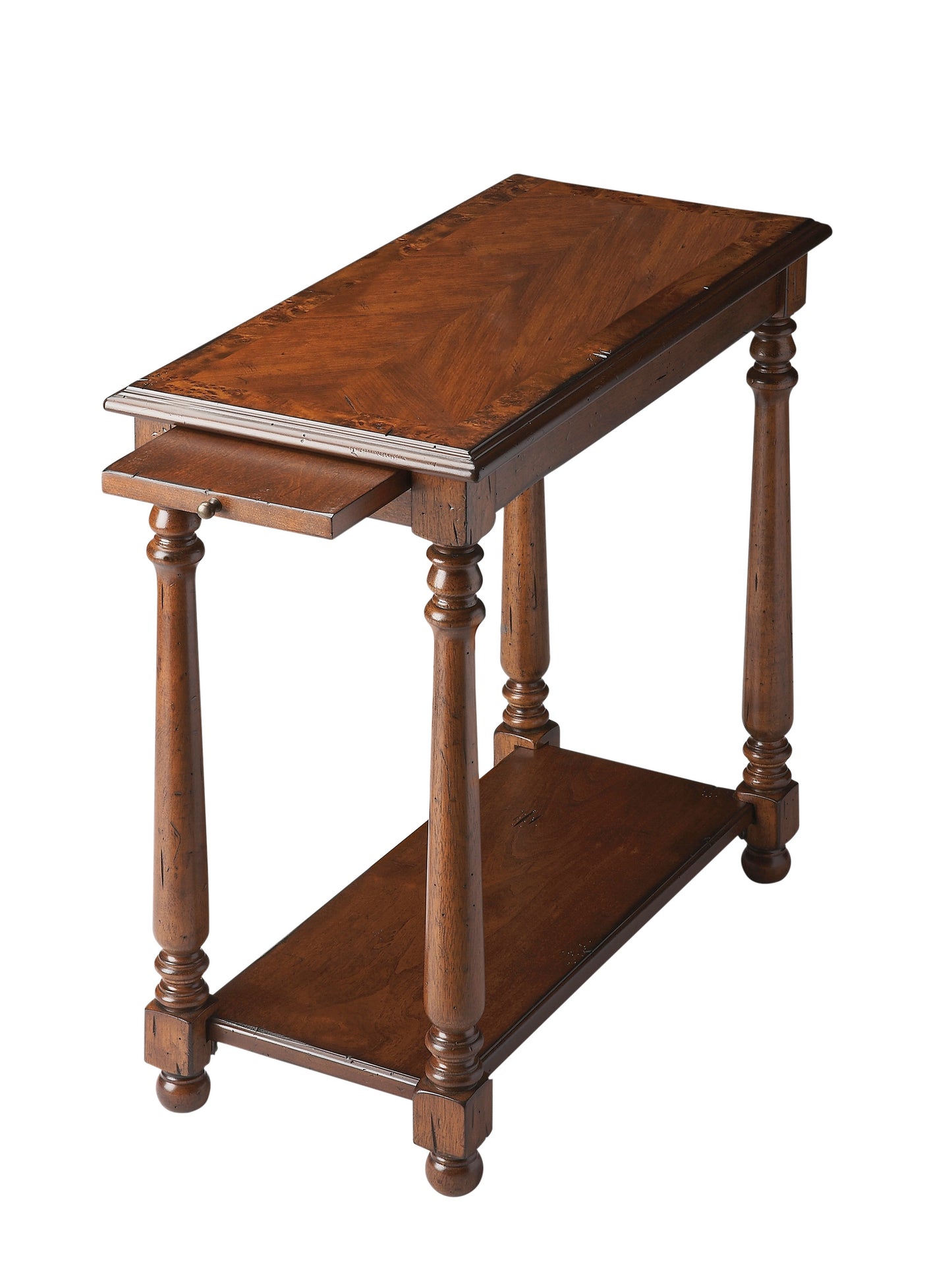 Butler Specialty Company Devane 12 in. W Rectangular Wood Side Table with Pull-Out Tray and Lower Open Shelf, Medium Brown