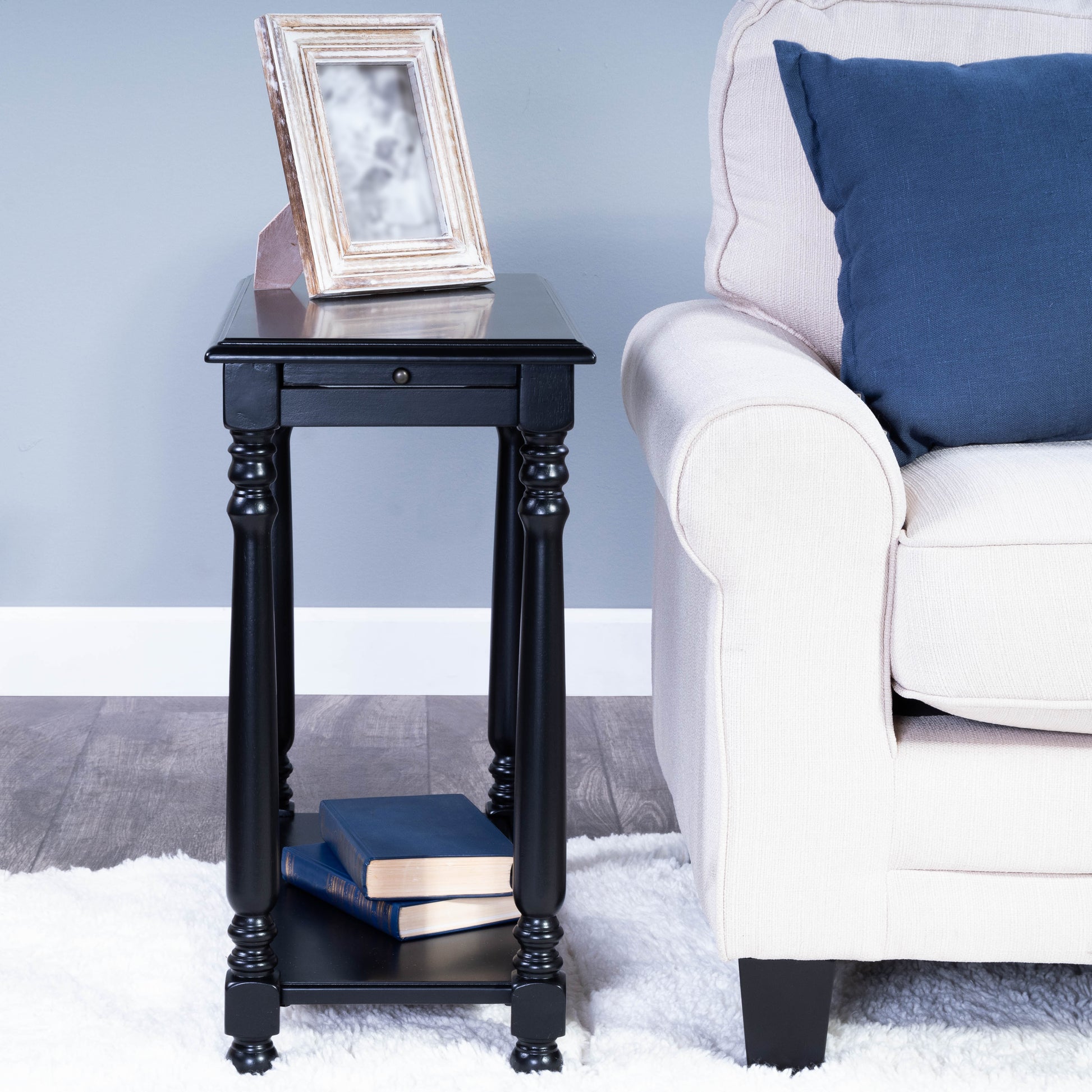 Butler Specialty Company Devane 12 in. W Rectangular Wood Side Table with Pull-Out Tray and Lower Open Shelf, Black