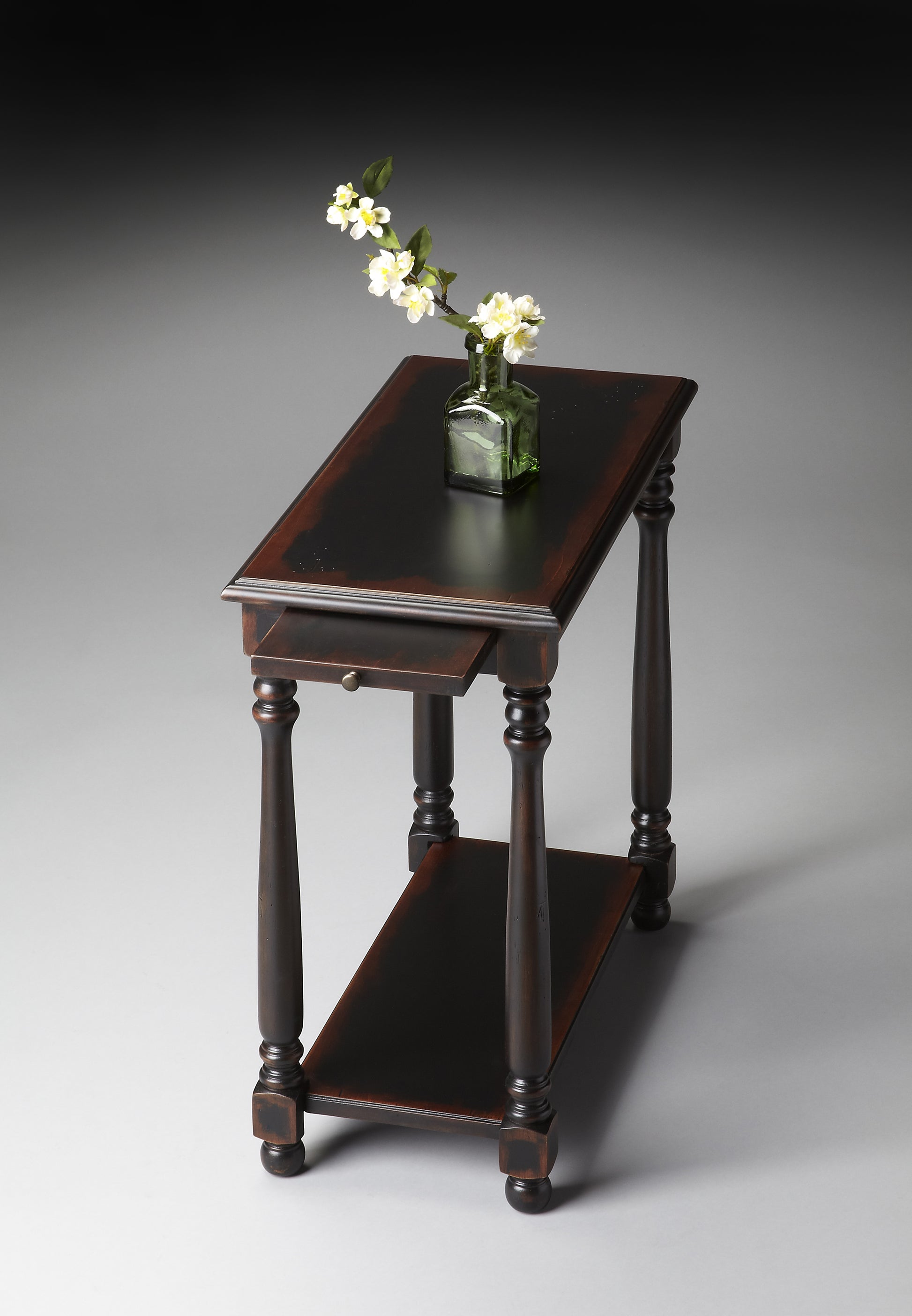 Butler Specialty Company Devane 12 in. W Rectangular Wood Side Table with Pull-Out Tray and Lower Open Shelf, Black