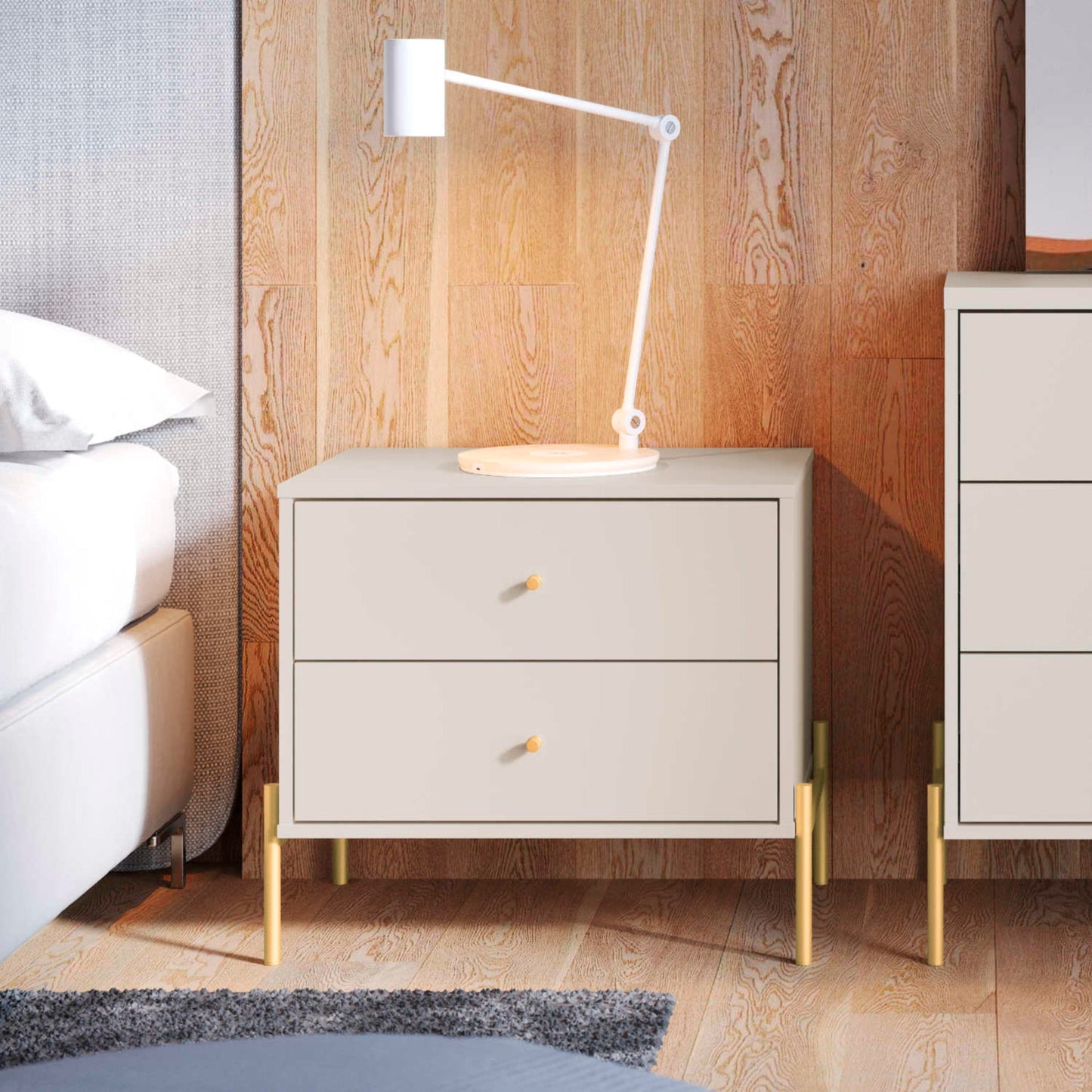 Manhattan Comfort Jasper Nightstand with Steel Gold Legs in Off White Matte 51353