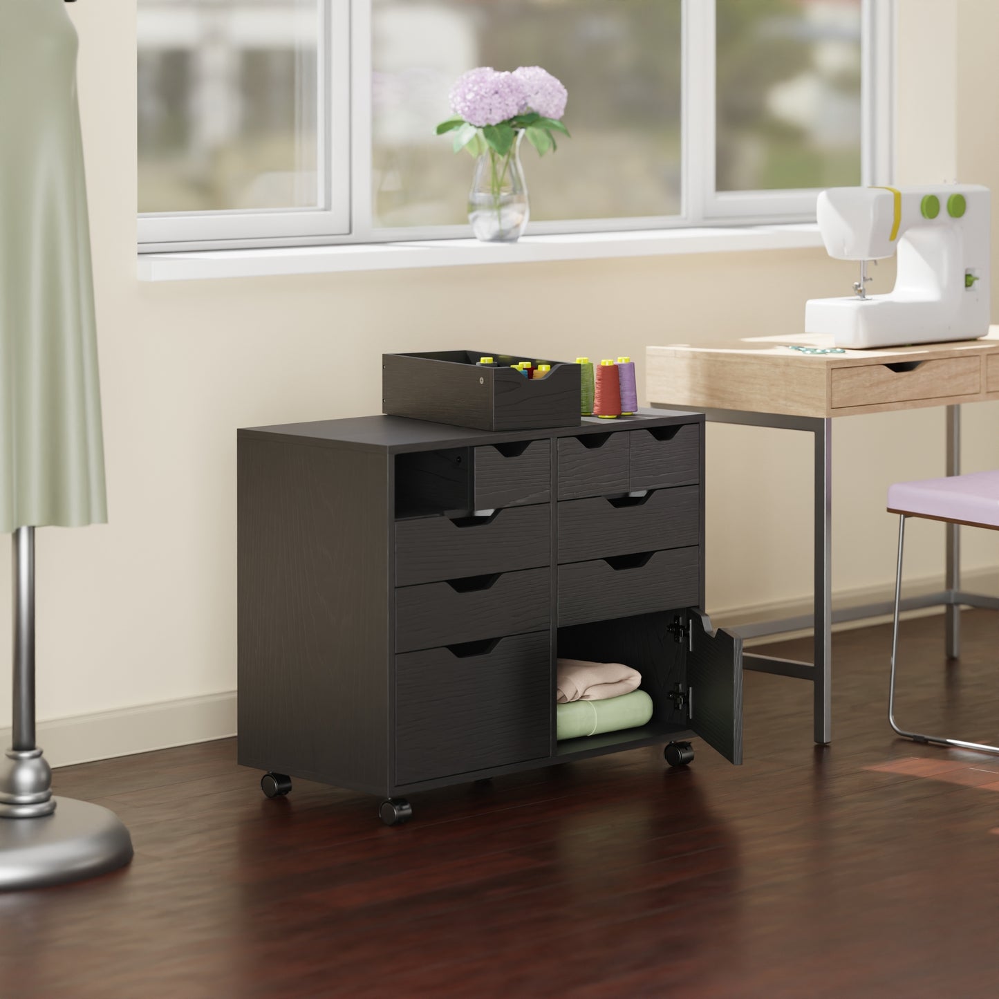 Halifax Bins & Drawers Multi-Storage Wide Mobile Cabinet,. Black