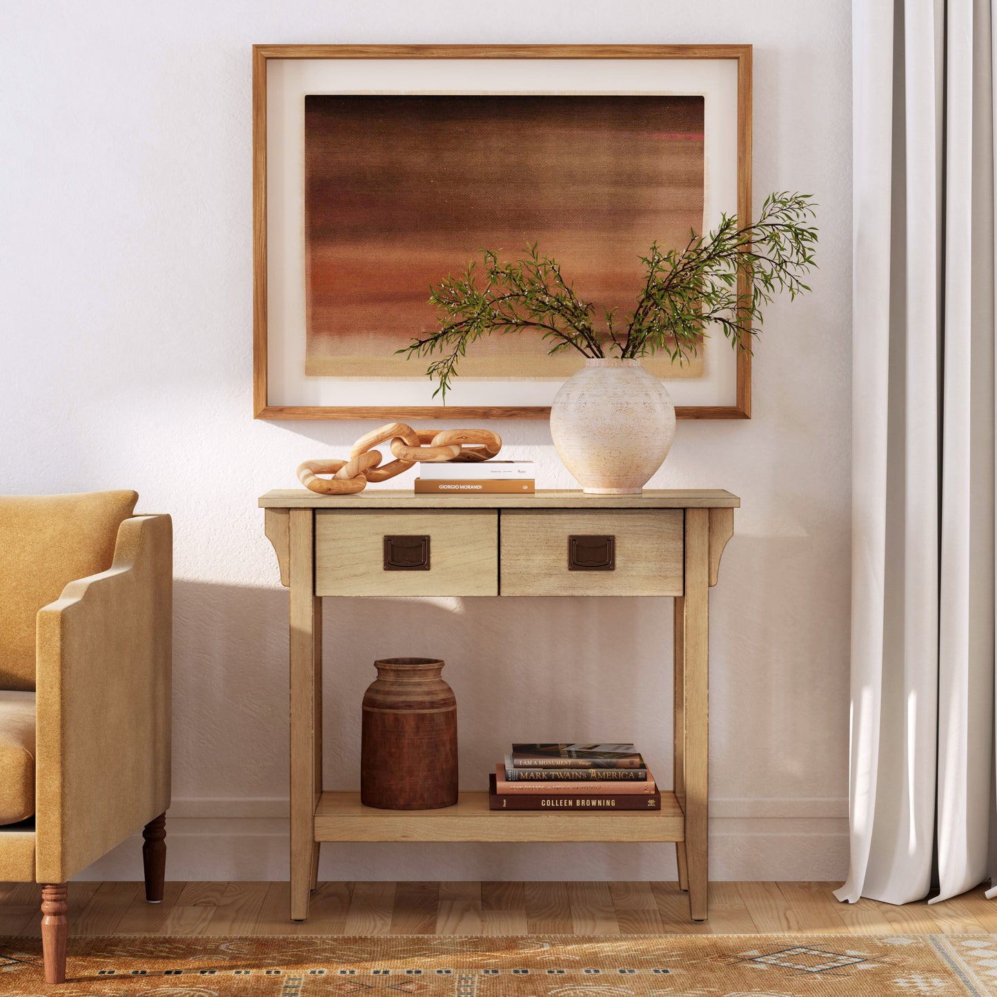 Butler Specialty Company Larina 36 in. W Rectangular Wood 2 Drawer Console Table with Lower Open Shelf, Beige