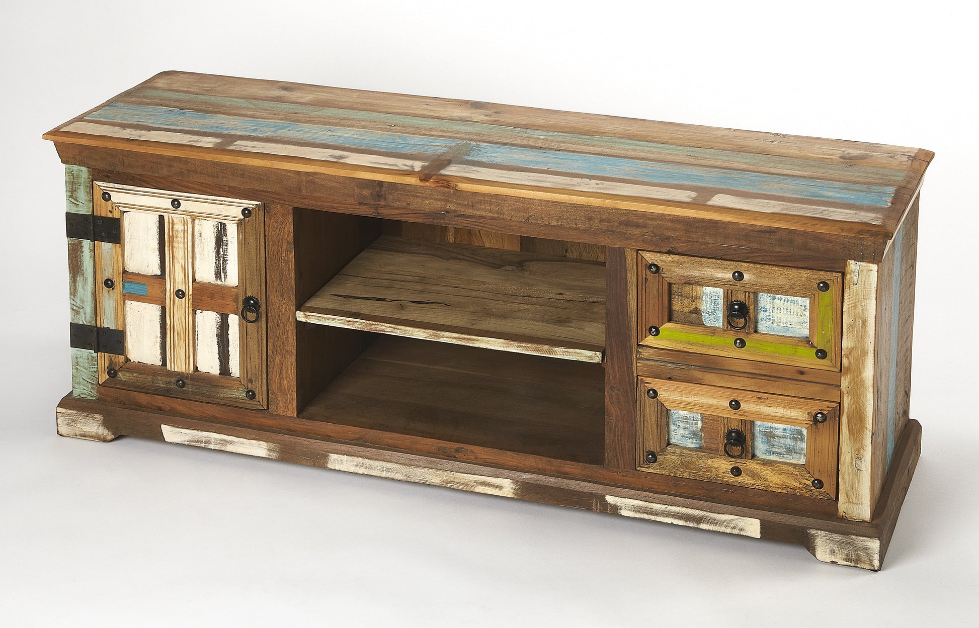 Butler Specialty Company Reverb 58 in. W Rectangular Wood Painted Rustic TV Stand with Storage, Multi-Color