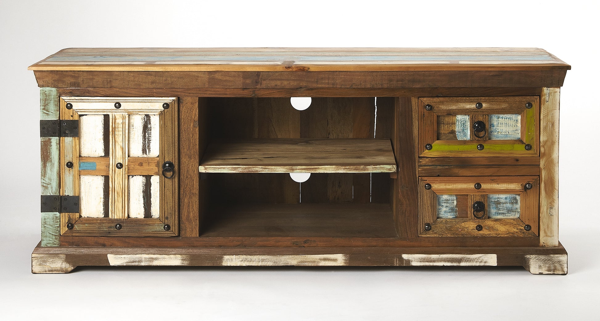 Butler Specialty Company Reverb 58 in. W Rectangular Wood Painted Rustic TV Stand with Storage, Multi-Color
