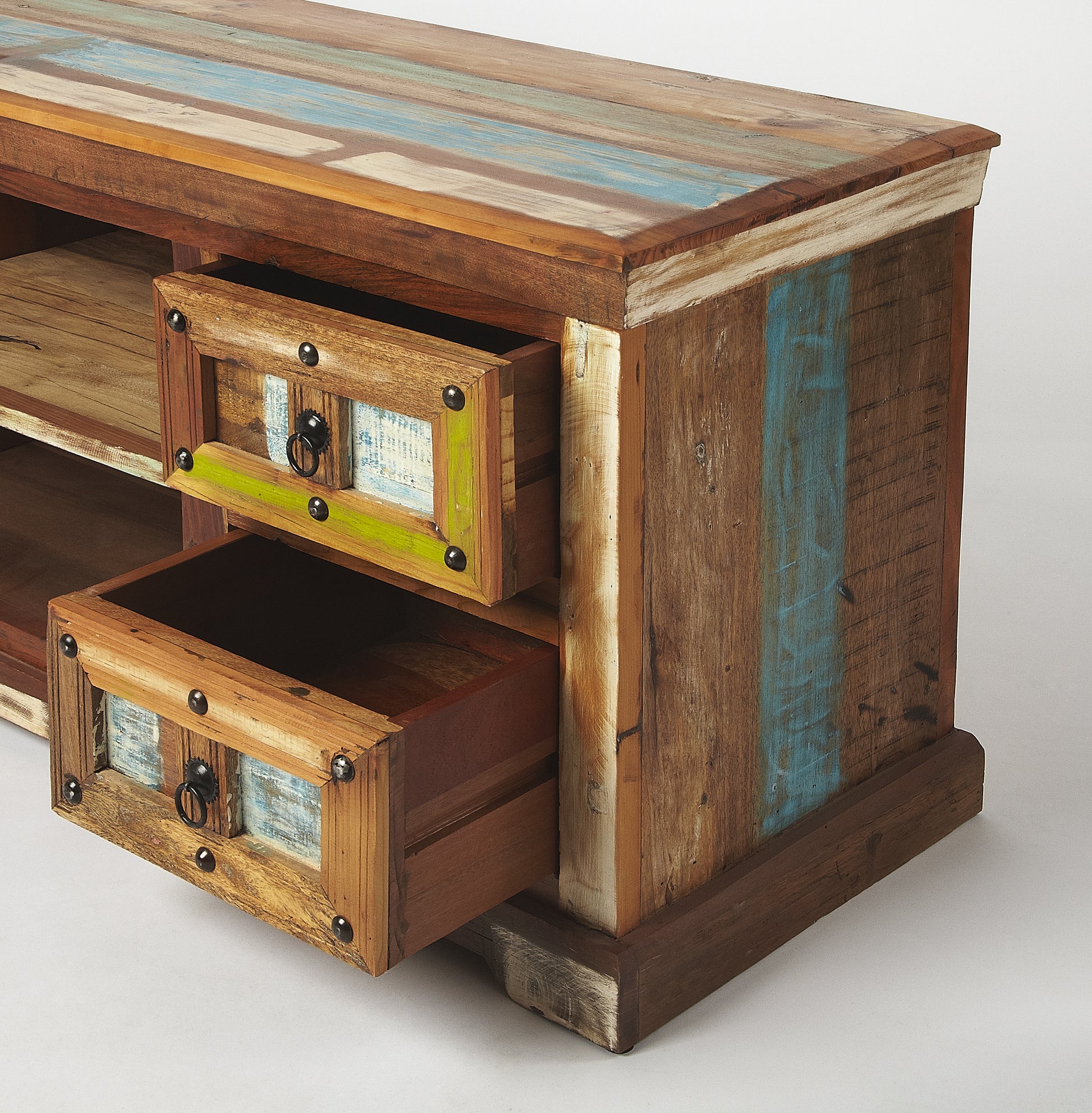 Butler Specialty Company Reverb 58 in. W Rectangular Wood Painted Rustic TV Stand with Storage, Multi-Color
