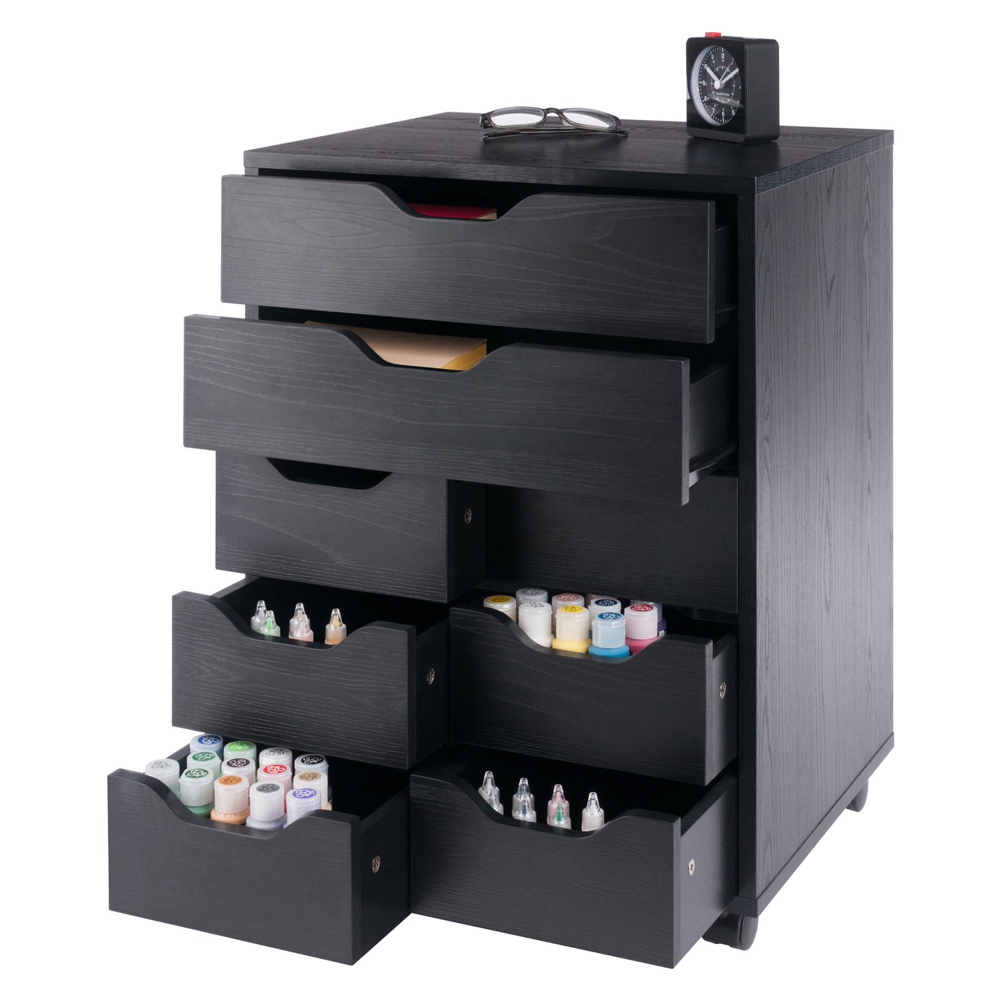 Norfolk 6 Bins, 2 Drawer Mobile Cabinet, Black Finish