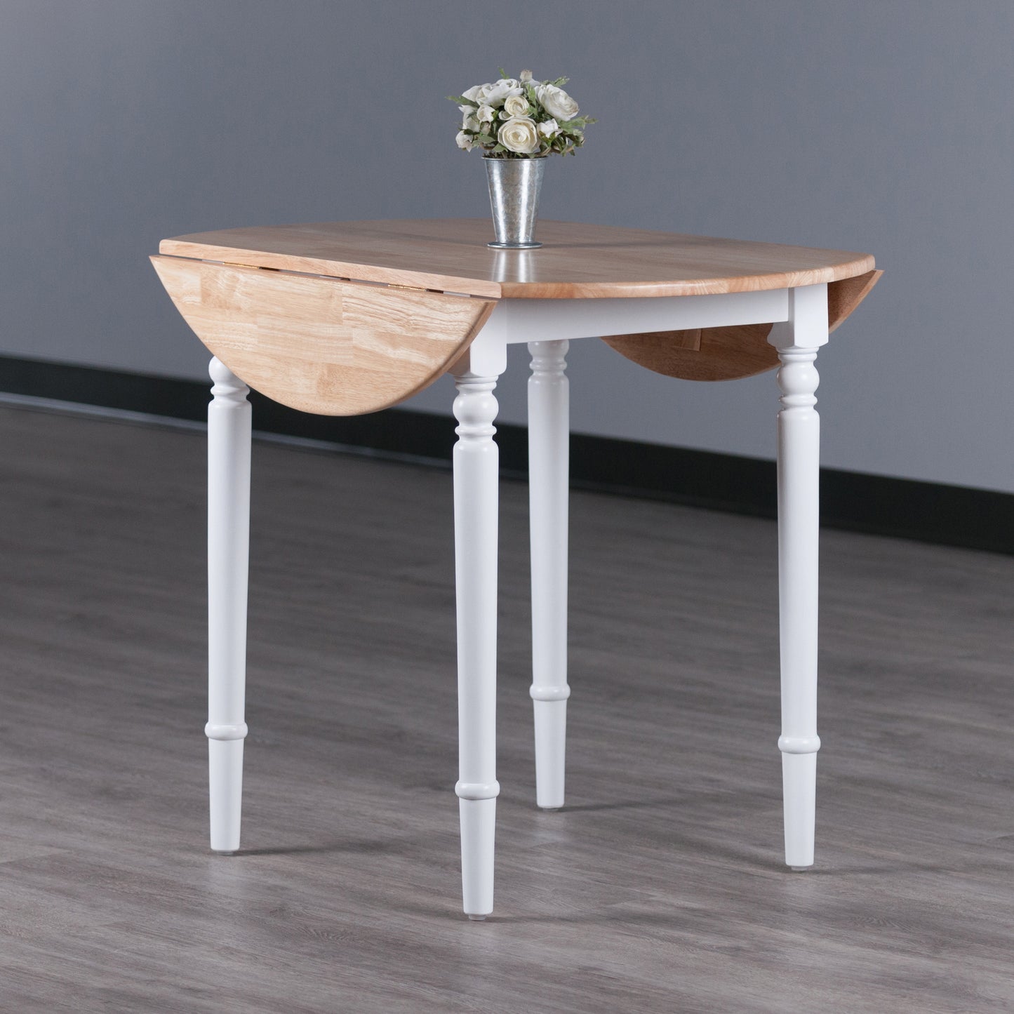 Sorella Round Drop Leaf Table, Natural and White