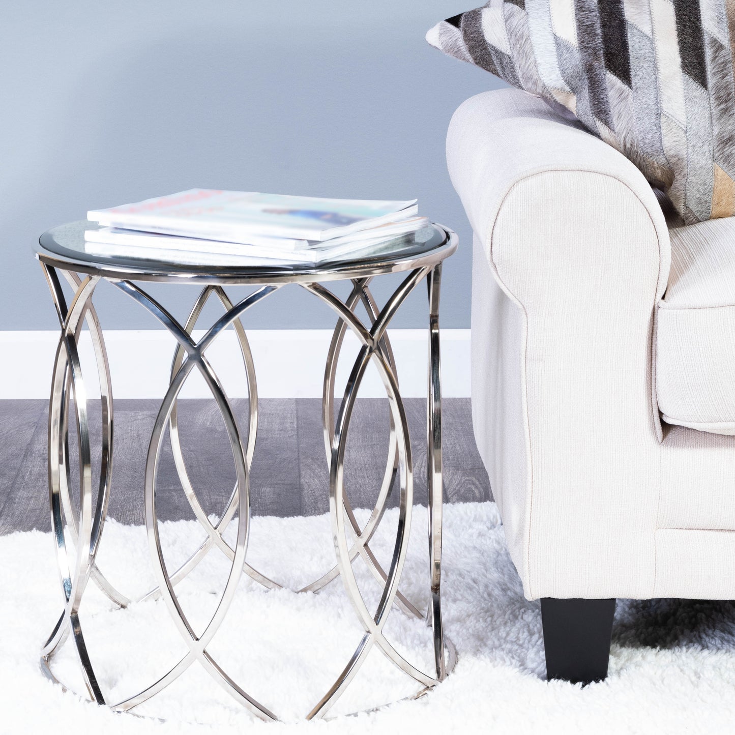 Butler Specialty Company Desiree 18 in. W Round Antique Mirror and Metal End Table, Silver