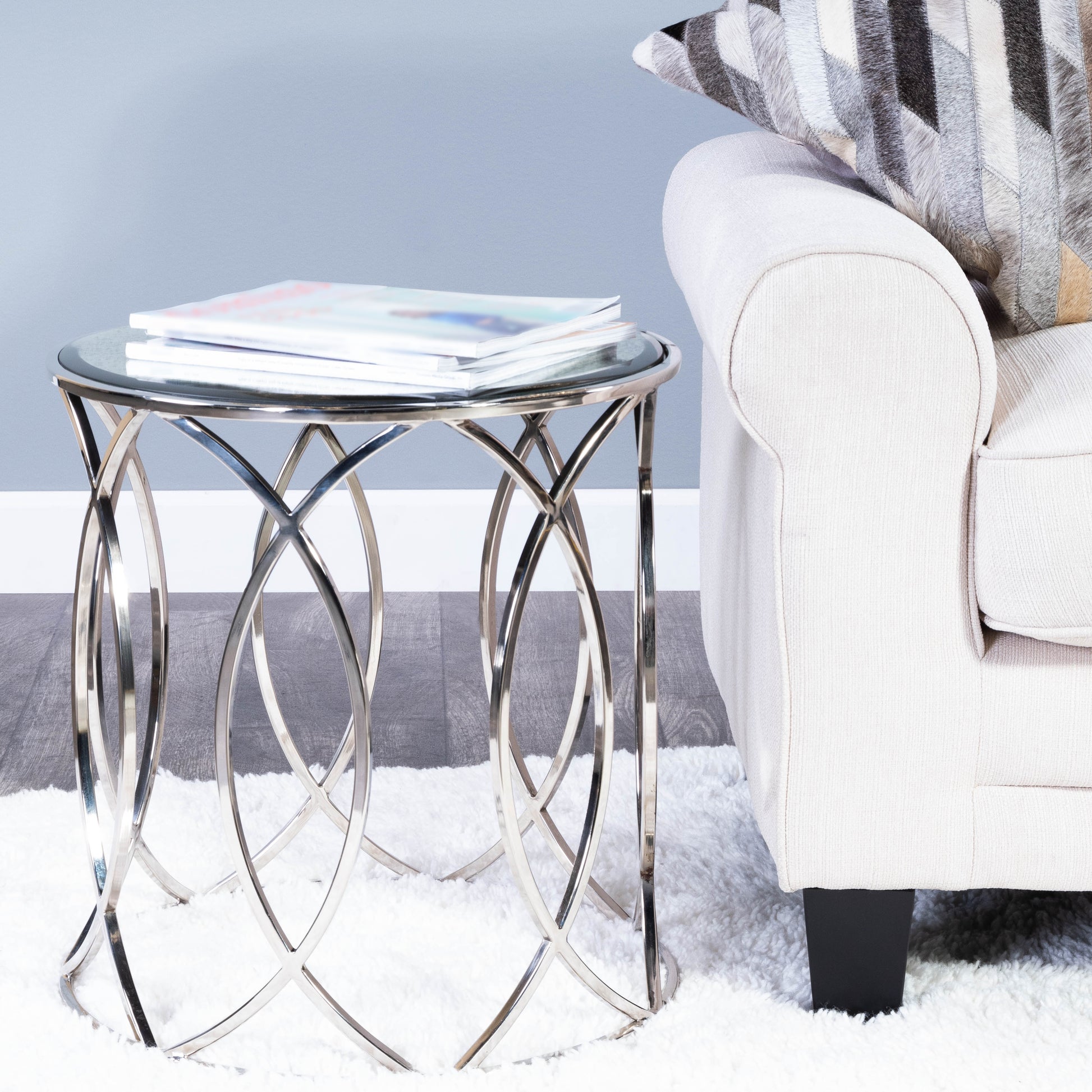 Butler Specialty Company Desiree 18 in. W Round Antique Mirror and Metal End Table, Silver