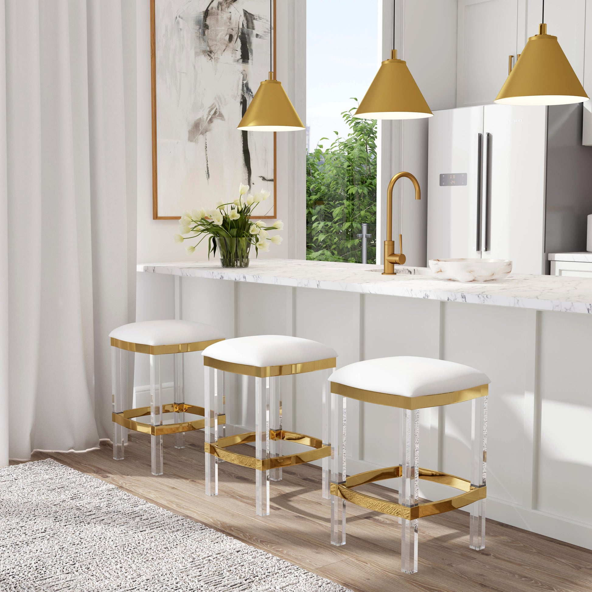 Butler Specialty Company Jordan 24 in. Seat Height Faux Leather and Acrylic Backless Counter Stool with Foot Rest, White