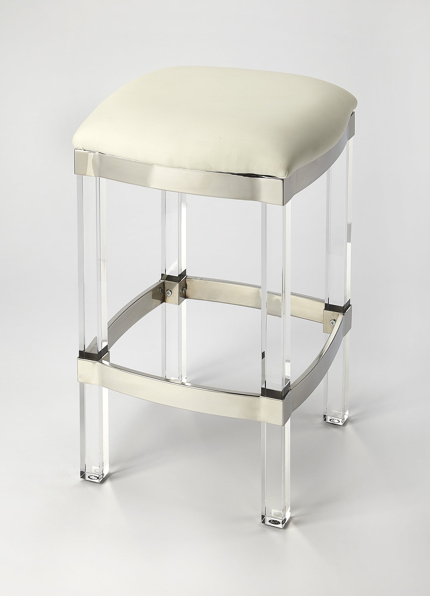 Butler Specialty Company Jordan 24 in. Seat Height Faux Leather and Acrylic Backless Counter Stool with Foot Rest, White