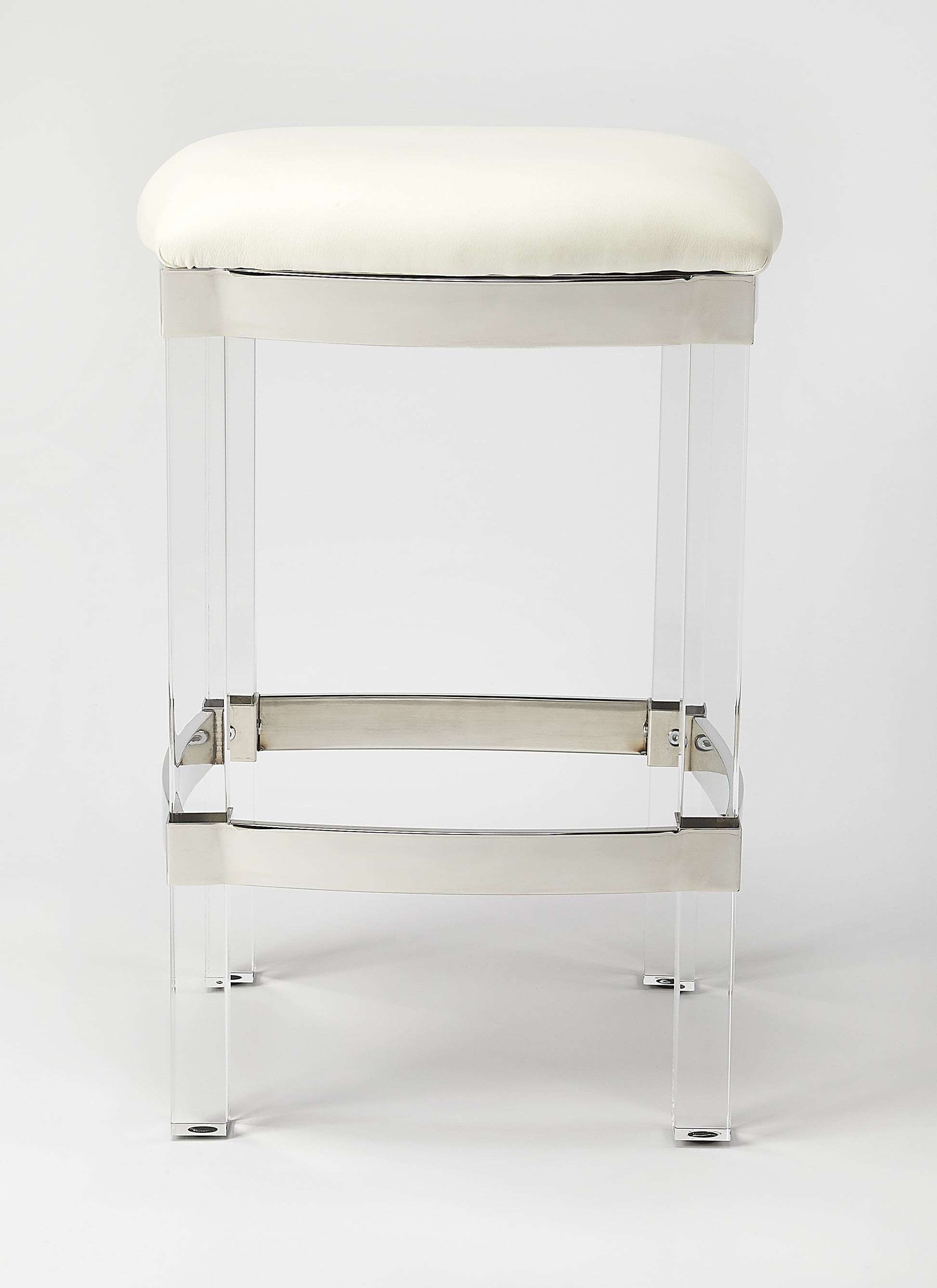 Butler Specialty Company Jordan 24 in. Seat Height Faux Leather and Acrylic Backless Counter Stool with Foot Rest, White