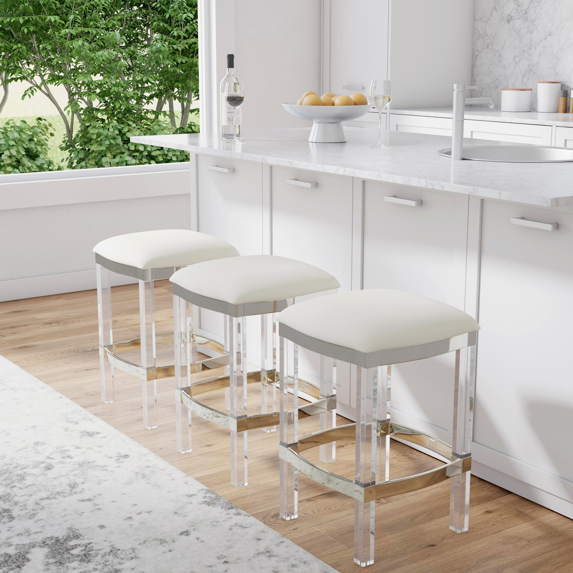 Butler Specialty Company Jordan 24 in. Seat Height Faux Leather and Acrylic Backless Counter Stool with Foot Rest, White