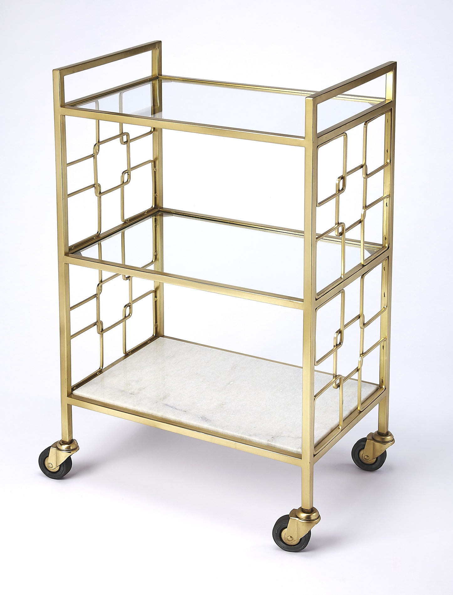 Butler Specialty Company Arcadia 20.5 in. W Rectangular Metal-Stone-Glass 3 Tier Mobile Bar Cart, Gold