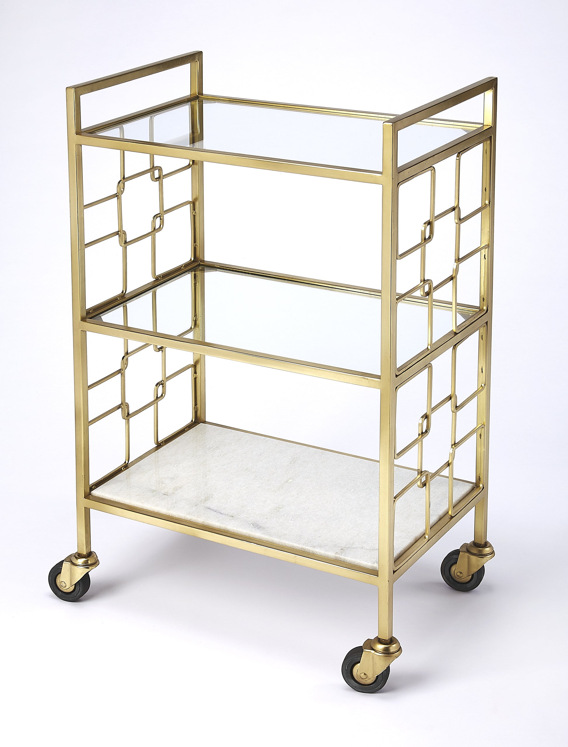 Butler Specialty Company Arcadia 20.5 in. W Rectangular Metal-Stone-Glass 3 Tier Mobile Bar Cart, Gold