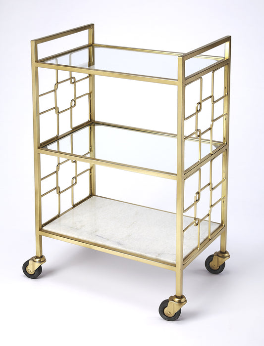 Butler Specialty Company Arcadia 20.5 in. W Rectangular Metal-Stone-Glass 3 Tier Mobile Bar Cart, Gold
