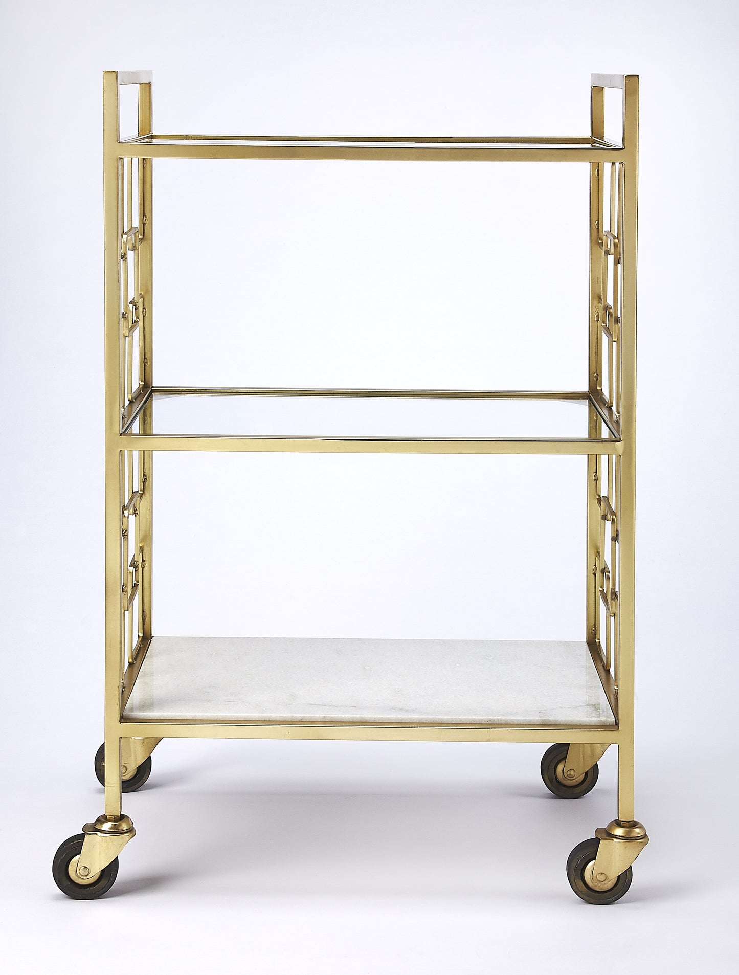 Butler Specialty Company Arcadia 20.5 in. W Rectangular Metal-Stone-Glass 3 Tier Mobile Bar Cart, Gold