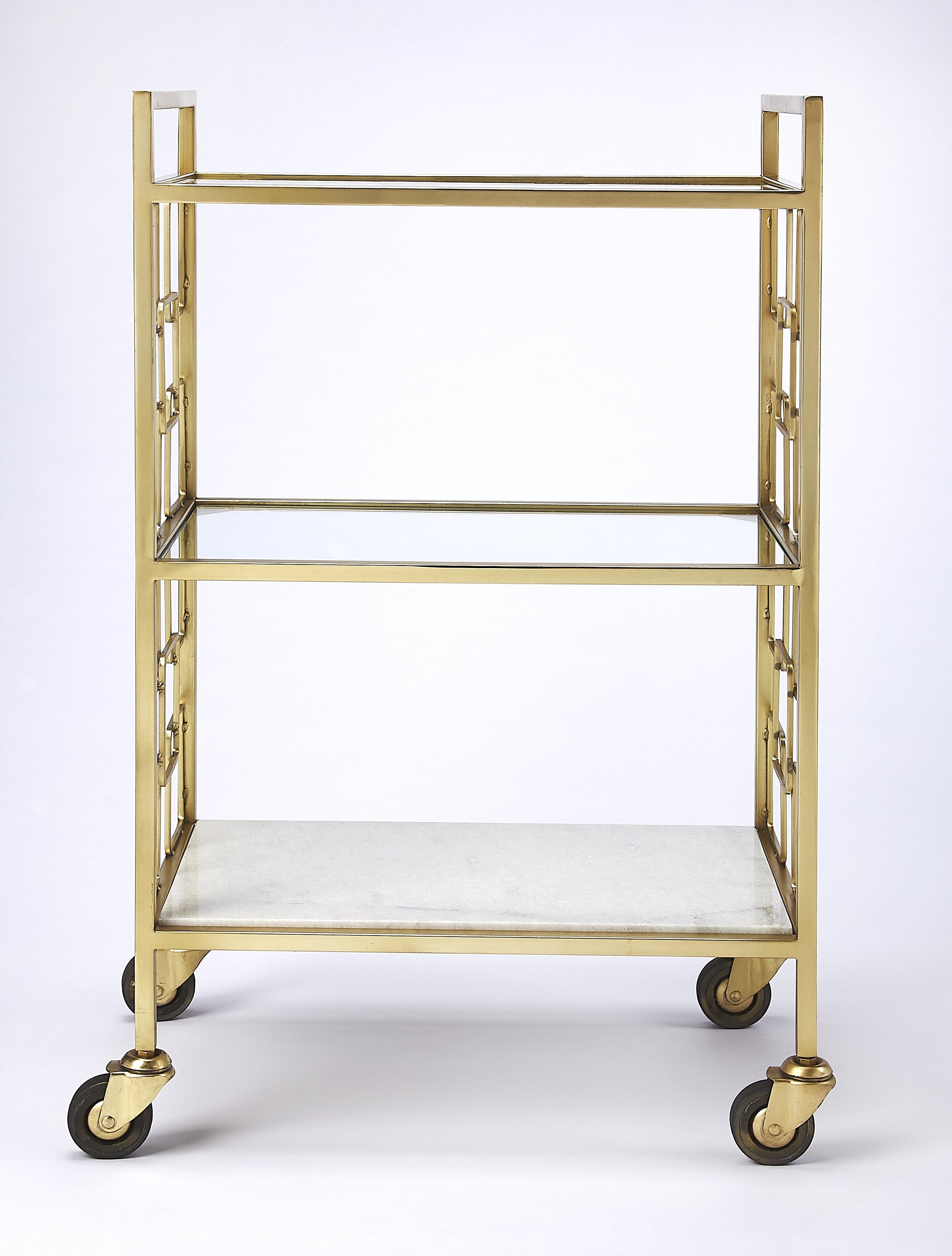 Butler Specialty Company Arcadia 20.5 in. W Rectangular Metal-Stone-Glass 3 Tier Mobile Bar Cart, Gold