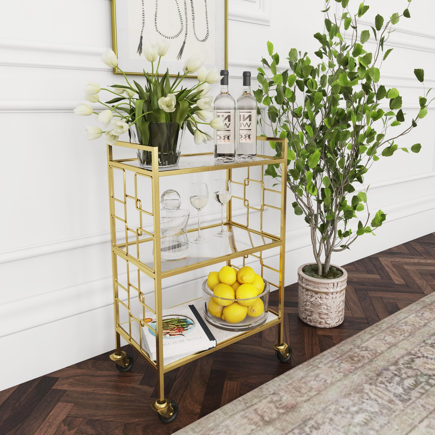 Butler Specialty Company Arcadia 20.5 in. W Rectangular Metal-Stone-Glass 3 Tier Mobile Bar Cart, Gold