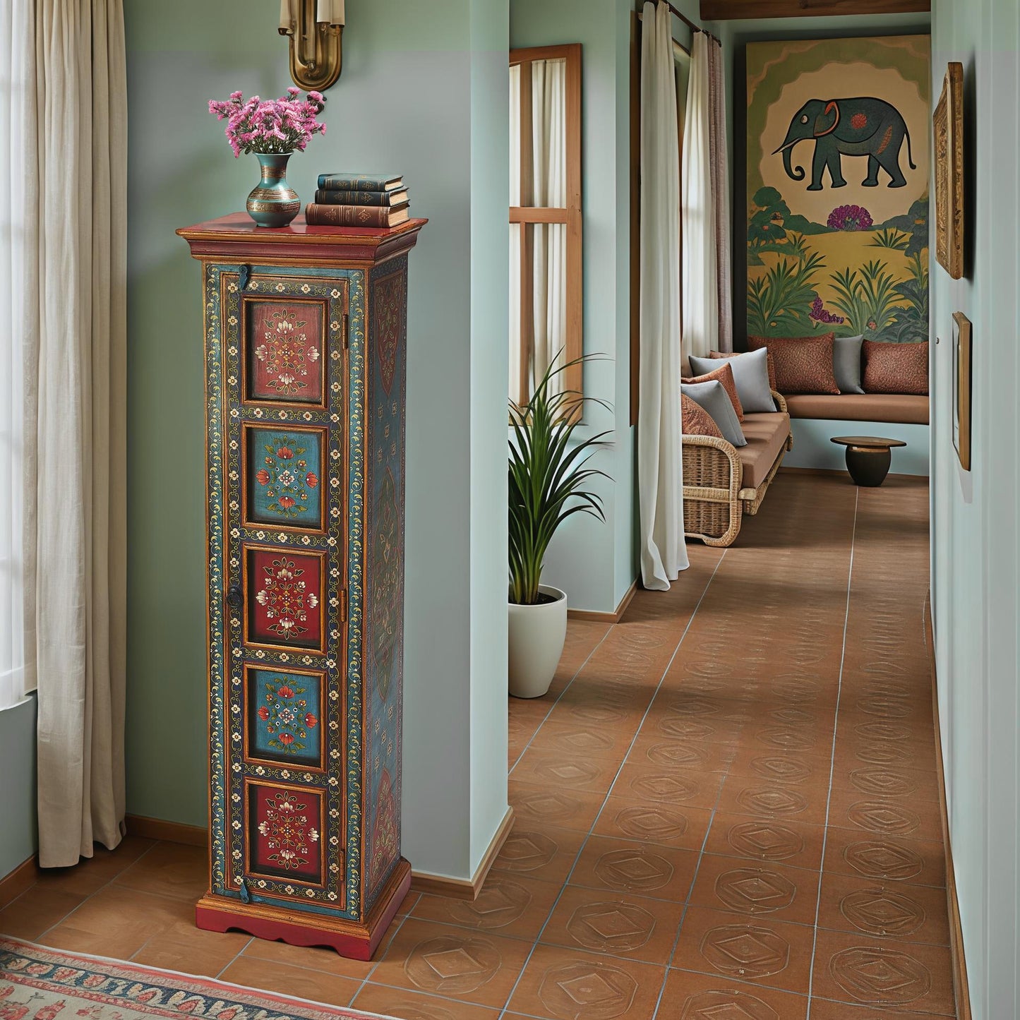 Butler Specialty Company Amir 16 in. W x 60 in. H Wood Hand Painted Tall Cabinet with Storage, Multi-Color