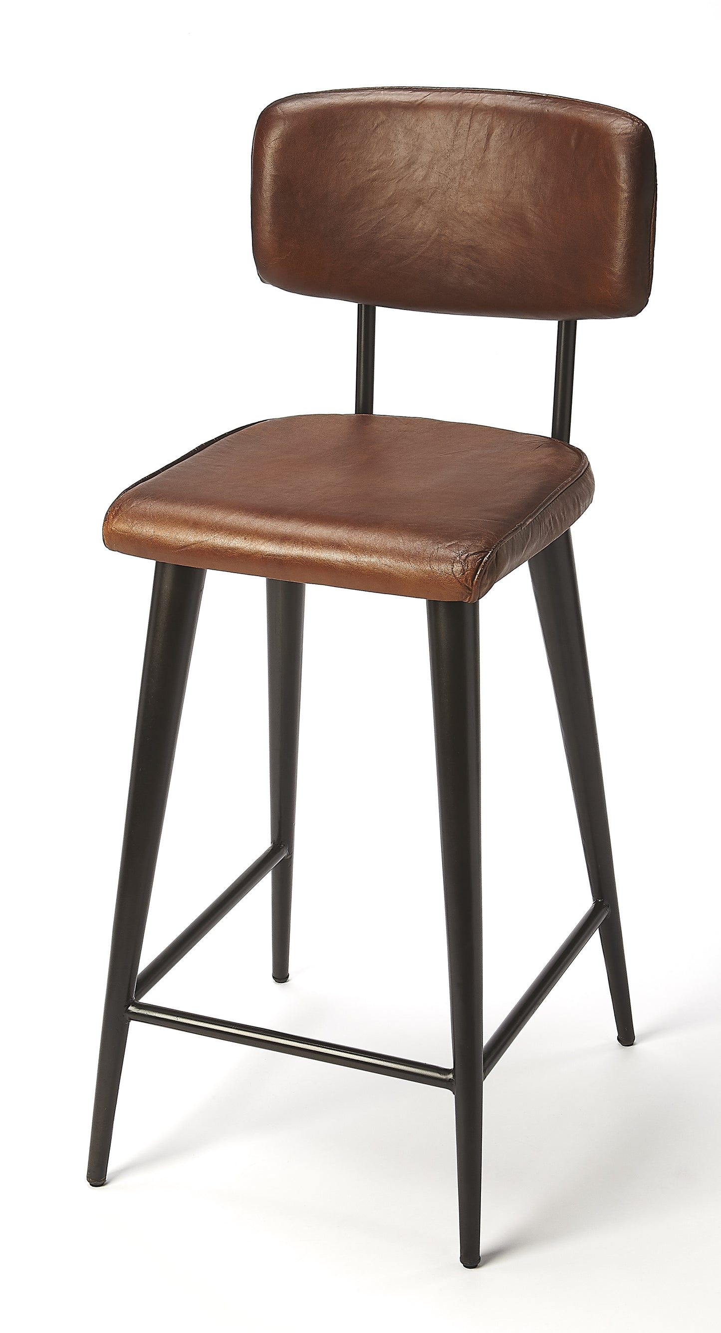 Butler Specialty Company Saddle 26 in. Seat Height Metal and Leather Counter Stool with Back, Dark Brown