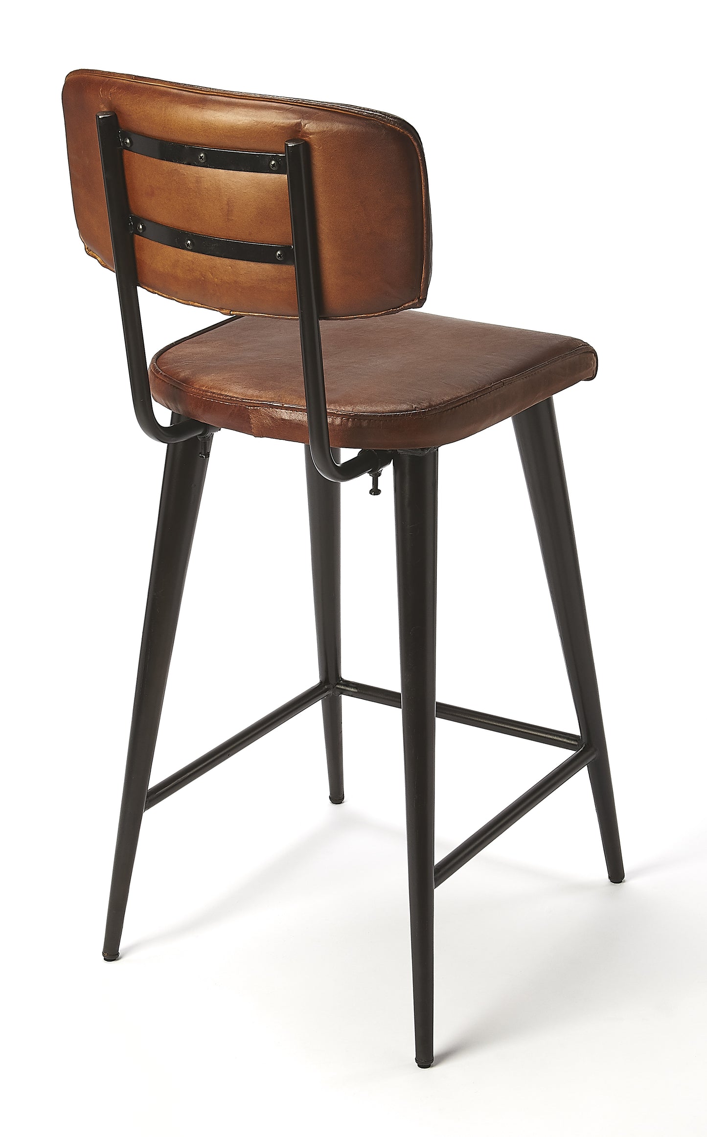 Butler Specialty Company Saddle 26 in. Seat Height Metal and Leather Counter Stool with Back, Dark Brown