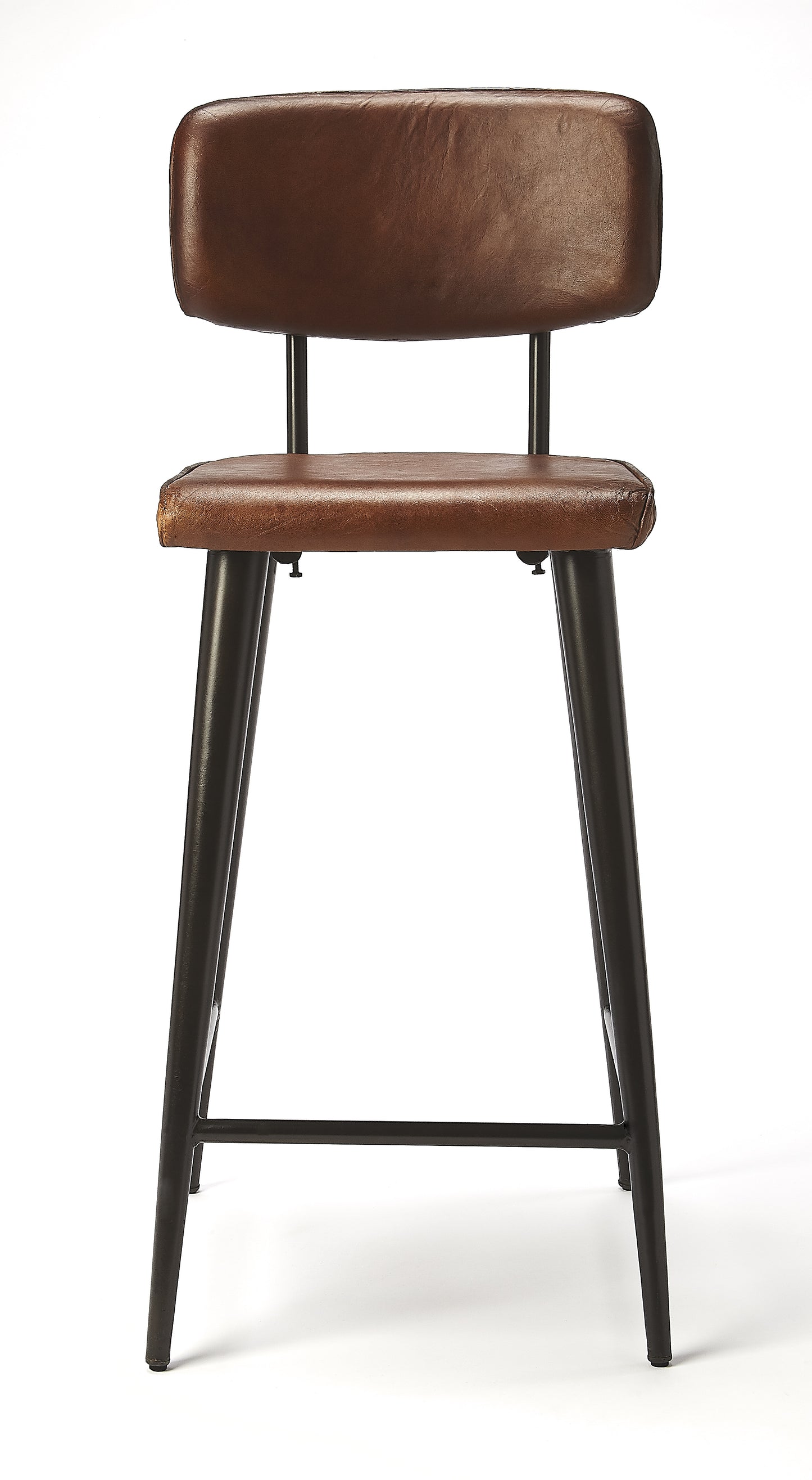 Butler Specialty Company Saddle 26 in. Seat Height Metal and Leather Counter Stool with Back, Dark Brown