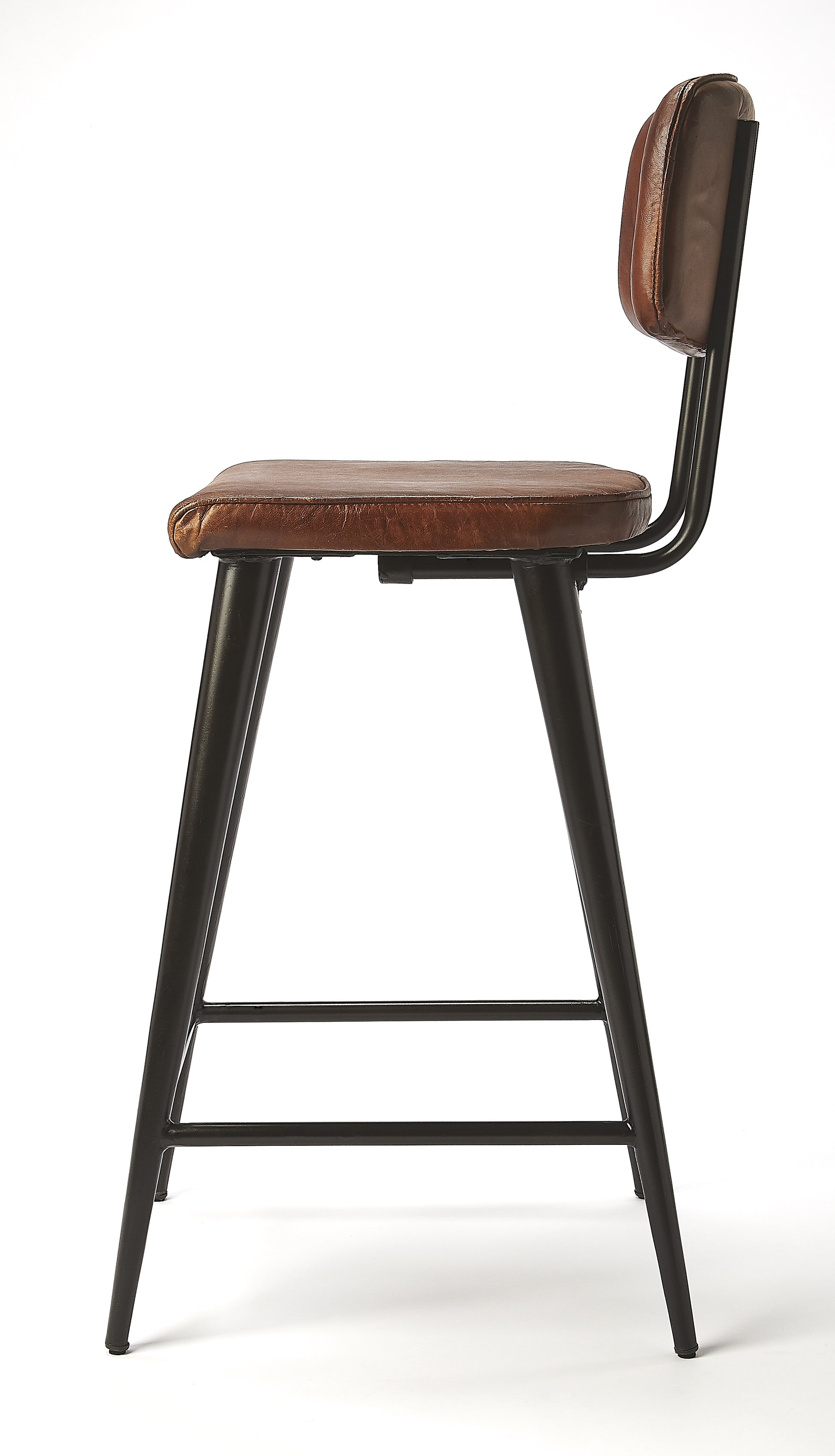 Butler Specialty Company Saddle 26 in. Seat Height Metal and Leather Counter Stool with Back, Dark Brown