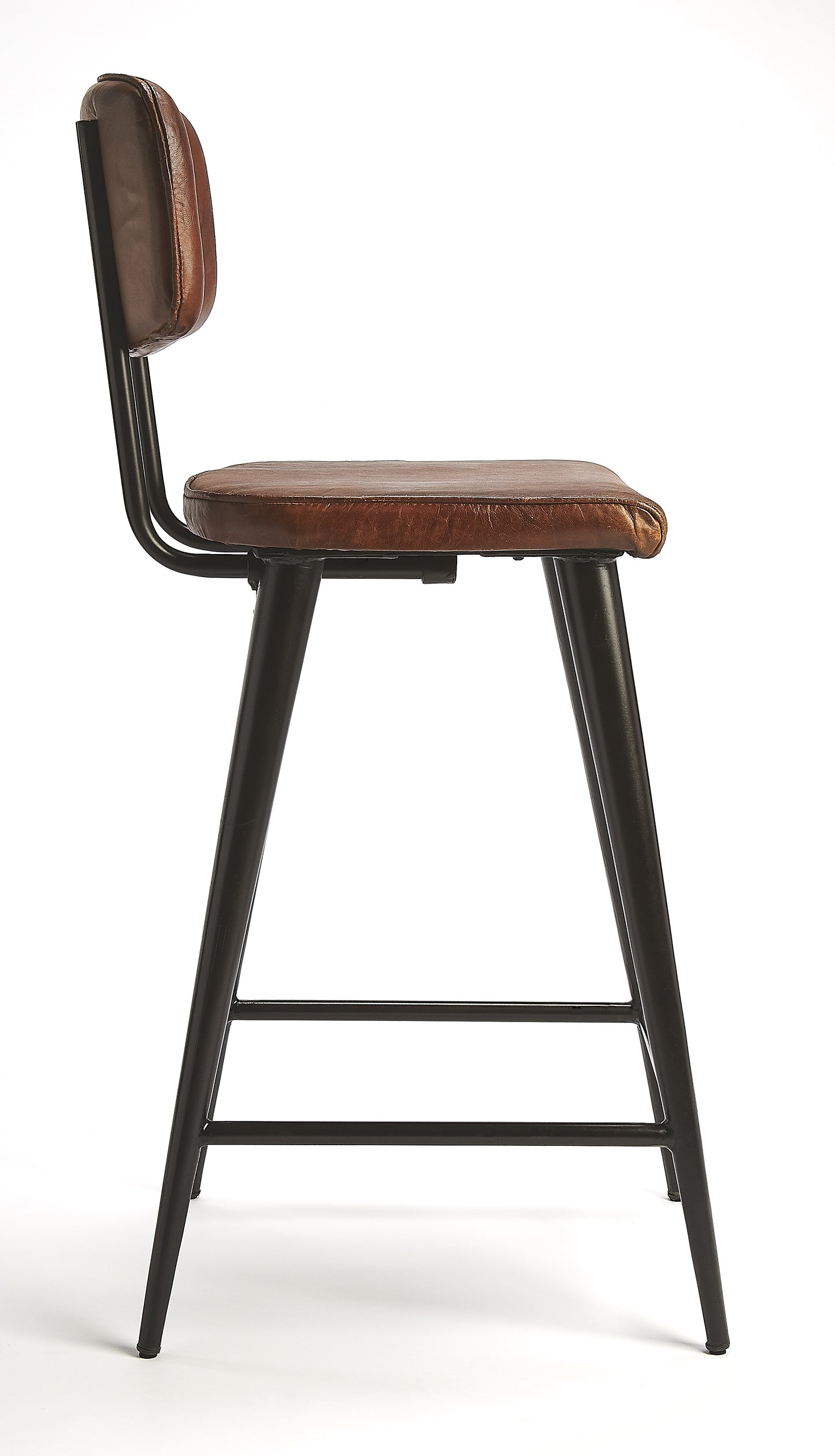Butler Specialty Company Saddle 26 in. Seat Height Metal and Leather Counter Stool with Back, Dark Brown