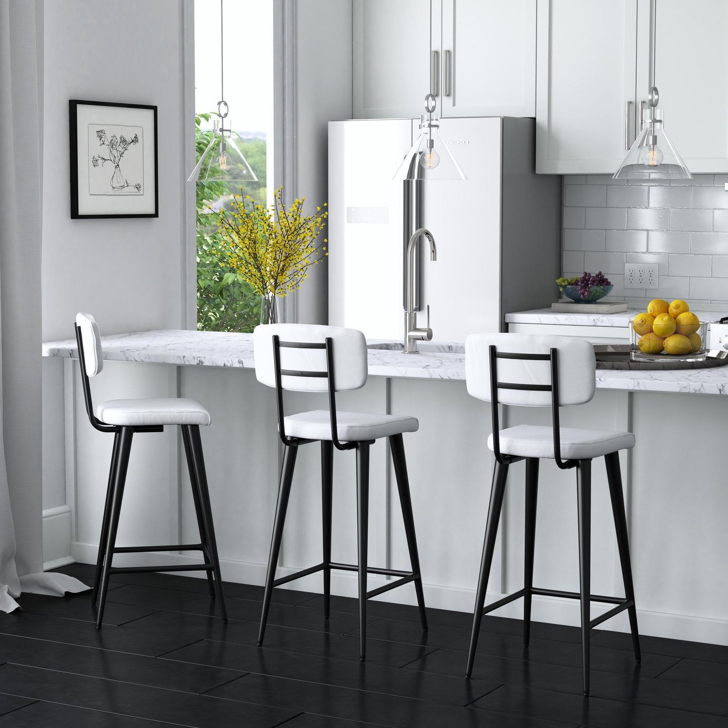 Butler Specialty Company Saddle 26 in. Seat Height Metal and Leather Counter Stool with Back, White