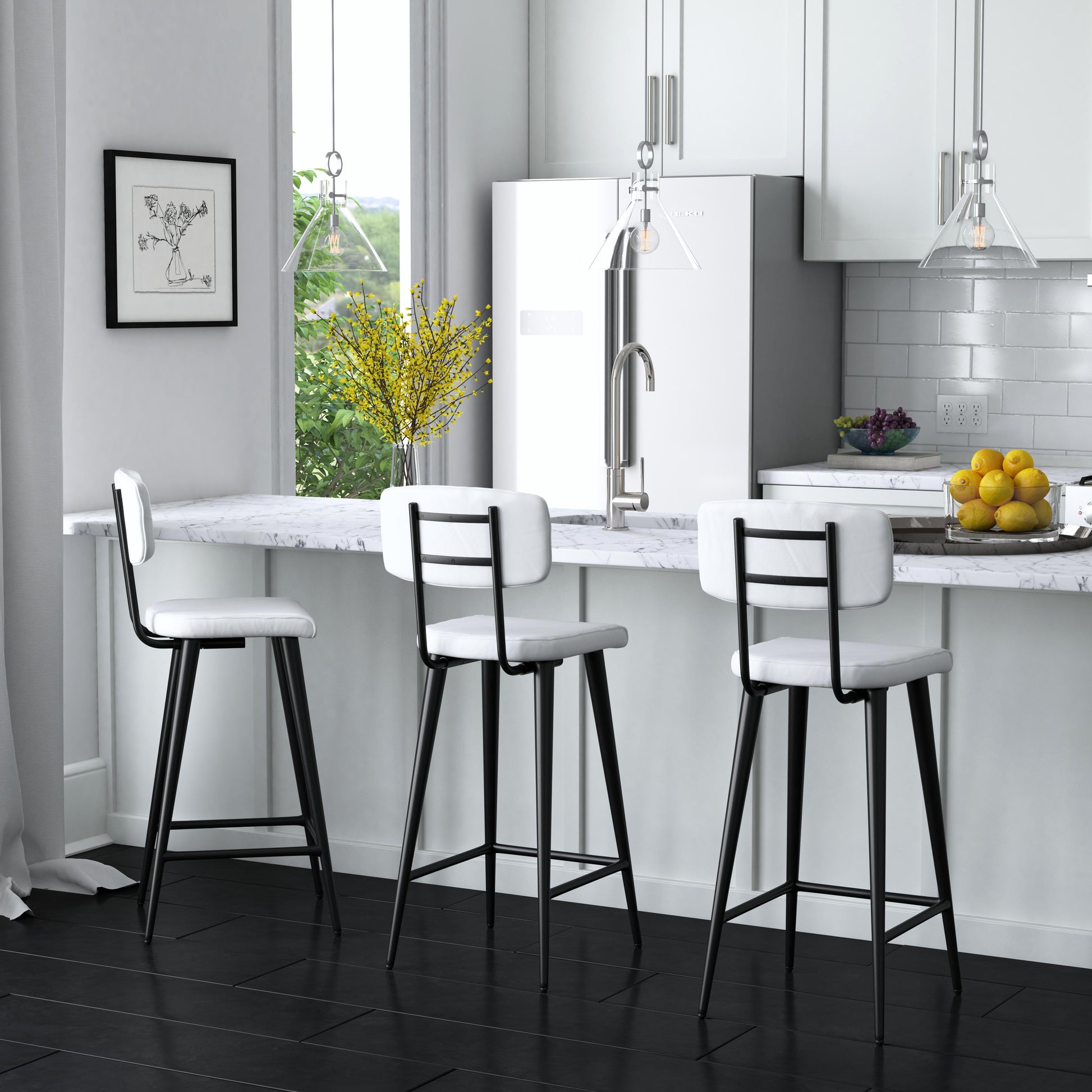 Butler Specialty Company Saddle 26 in. Seat Height Metal and Leather Counter Stool with Back, White