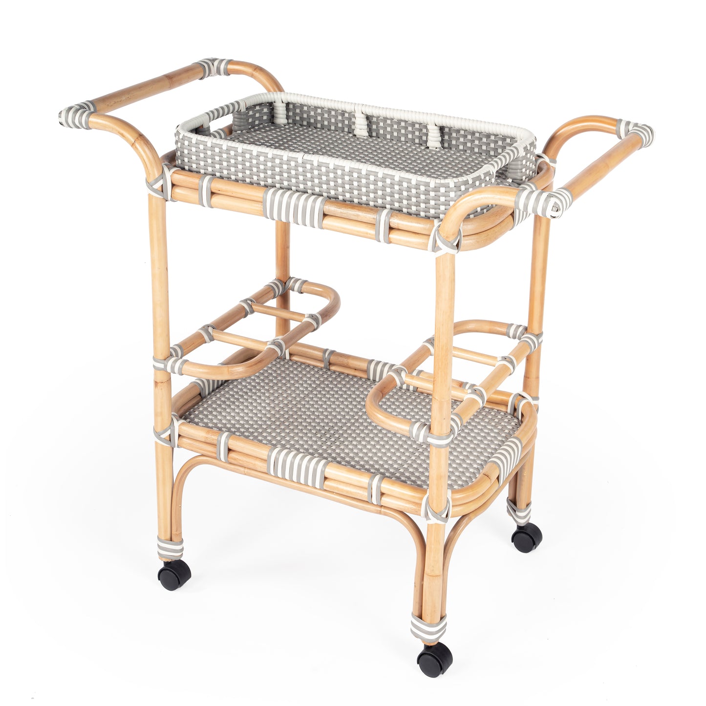 Butler Specialty Company Selena 34.5 in. W Rectangular Rattan 2 Tier Mobile Removeable Top Bar Cart with Bottle Holders, Gray and White, Natural