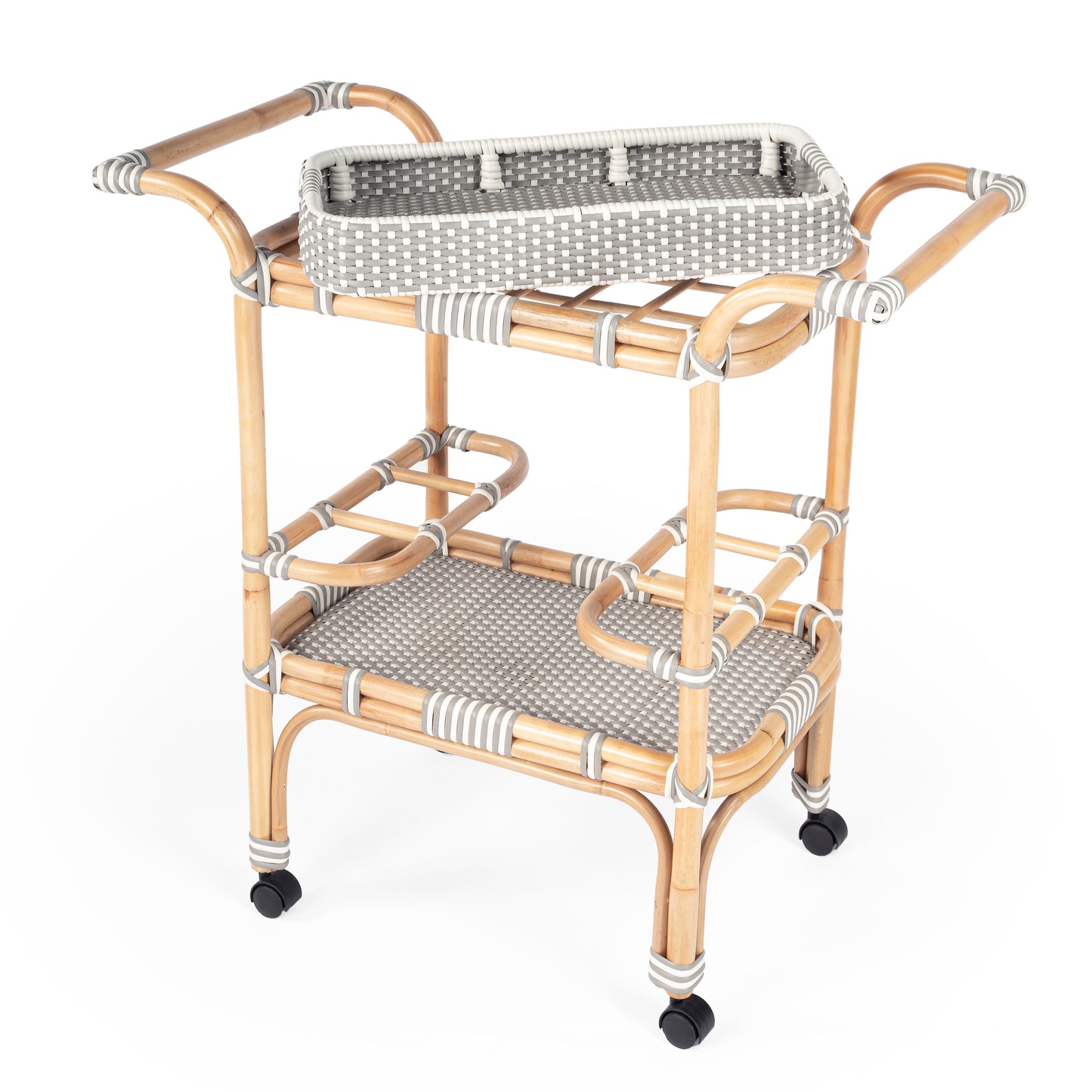 Butler Specialty Company Selena 34.5 in. W Rectangular Rattan 2 Tier Mobile Removeable Top Bar Cart with Bottle Holders, Gray and White, Natural