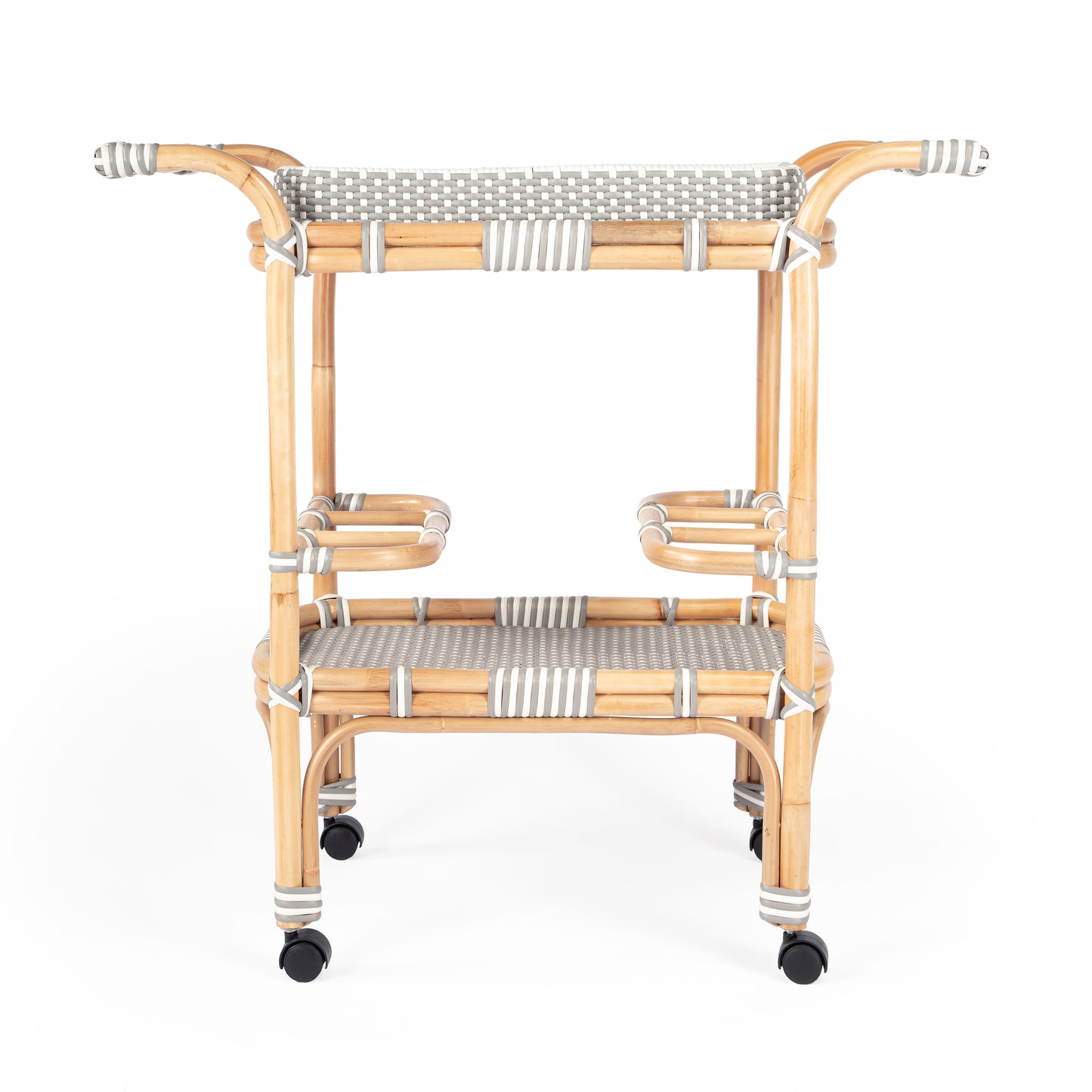 Butler Specialty Company Selena 34.5 in. W Rectangular Rattan 2 Tier Mobile Removeable Top Bar Cart with Bottle Holders, Gray and White, Natural
